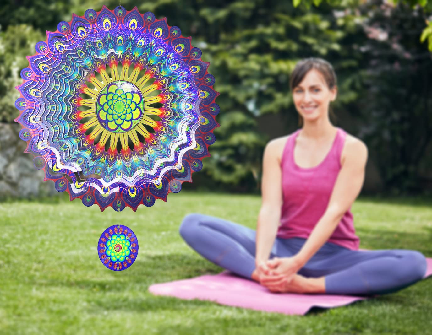 Molinillos de viento de mandala 3D de 12 pulgadas, esculturas cinéticas colgantes de acero inoxidable, corte láser, arte de mandalas de metal, decoración colgante de estrella para interiores y