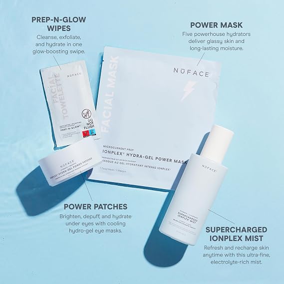 NuFACE Hydration Bundle - 5 Pc Complete Hydrating Skincare Routine - Includes Hydra-Gel Power Patches (60 ct), Prep-N-Glow Wipes (5 ct), Hydra-Gel Power Mask (5 ct), Supercharged Facial Mist (5 oz)
