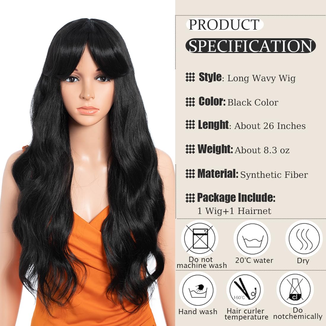 26 Inch Long Wavy Wigs for Women Black Wig with Bangs Ombre Brown Wig with Dark Roots Long Layered Wig Heat Resistant Synthetic Wig Natural Looking Wigs for Daily Party Use(1B) - Image 2