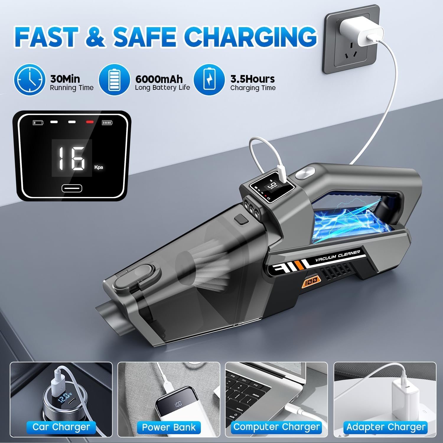 Handheld Vacuum Cordless, 16000PA Strong Suction Hand Held Car Vacuum Cleaner Rechargeable with HD Display & 3 LED Lights, Portable Vacuum Dust Busters Cordless for Car, Home, Pet Hair - Image 6