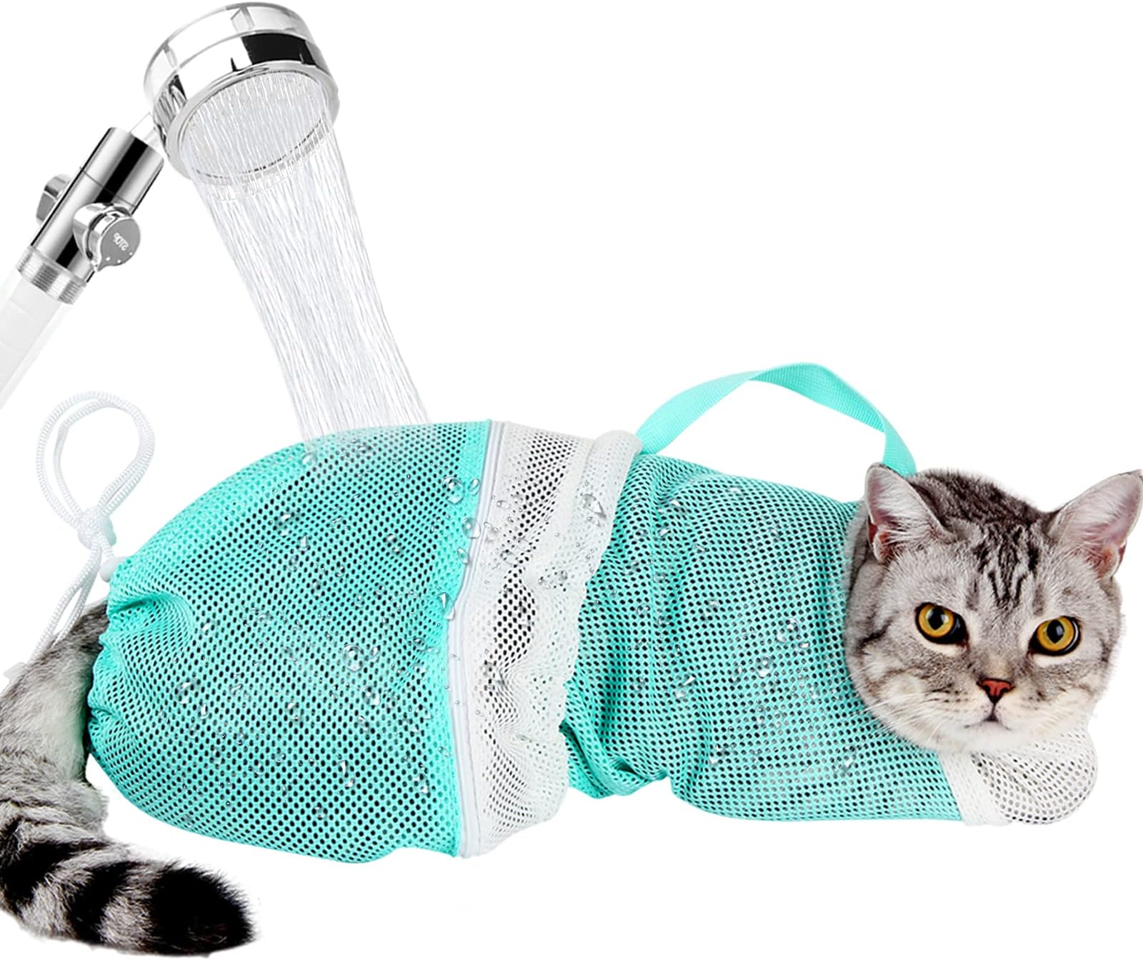 Cat Bathing Bag - Adjustable Cat Washing Net Anti-bite & Anti-Scratch Cat Shower Restraint Bag, Breathable Mesh Cat Grooming Bag for Bath, Nail Trimming & Injection