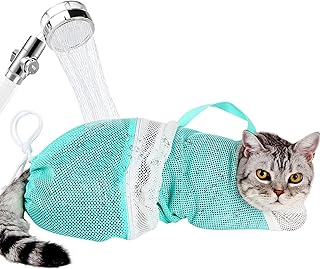 Ameami Cat Bathing Bag Adjustable Cat Grooming Net Bag Anti-bite & Anti-Scratch Cat Bath Washing Restraint Bag, Breathable Mesh Cat Grooming Bag for Shower, Nail Trimming, Injection
