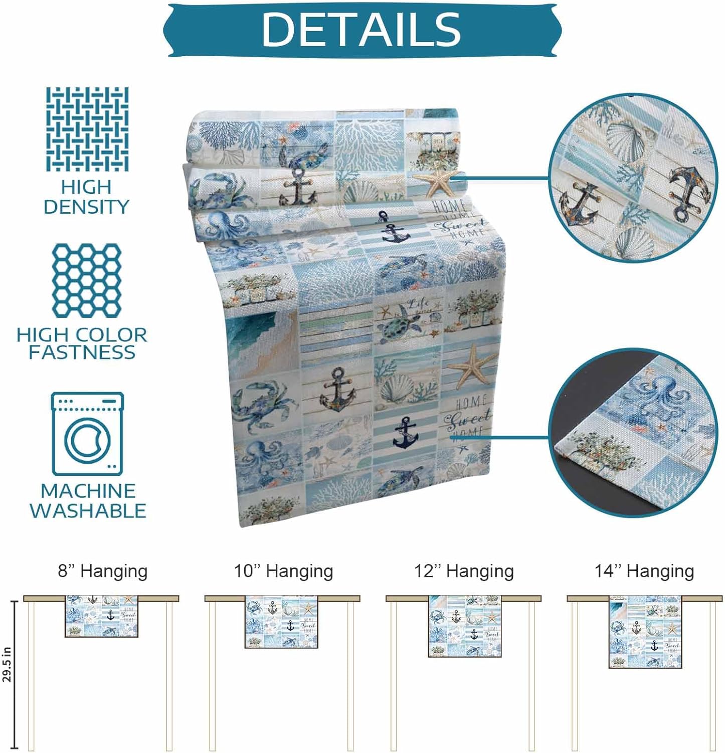 Ocean Table Runner 16 x 72 Inches, Kitchen Table Runner Blue Plaid Beach Starfish Anchor Turtle Dresser Scarf/Cabinet/ Dinning Table Decor
