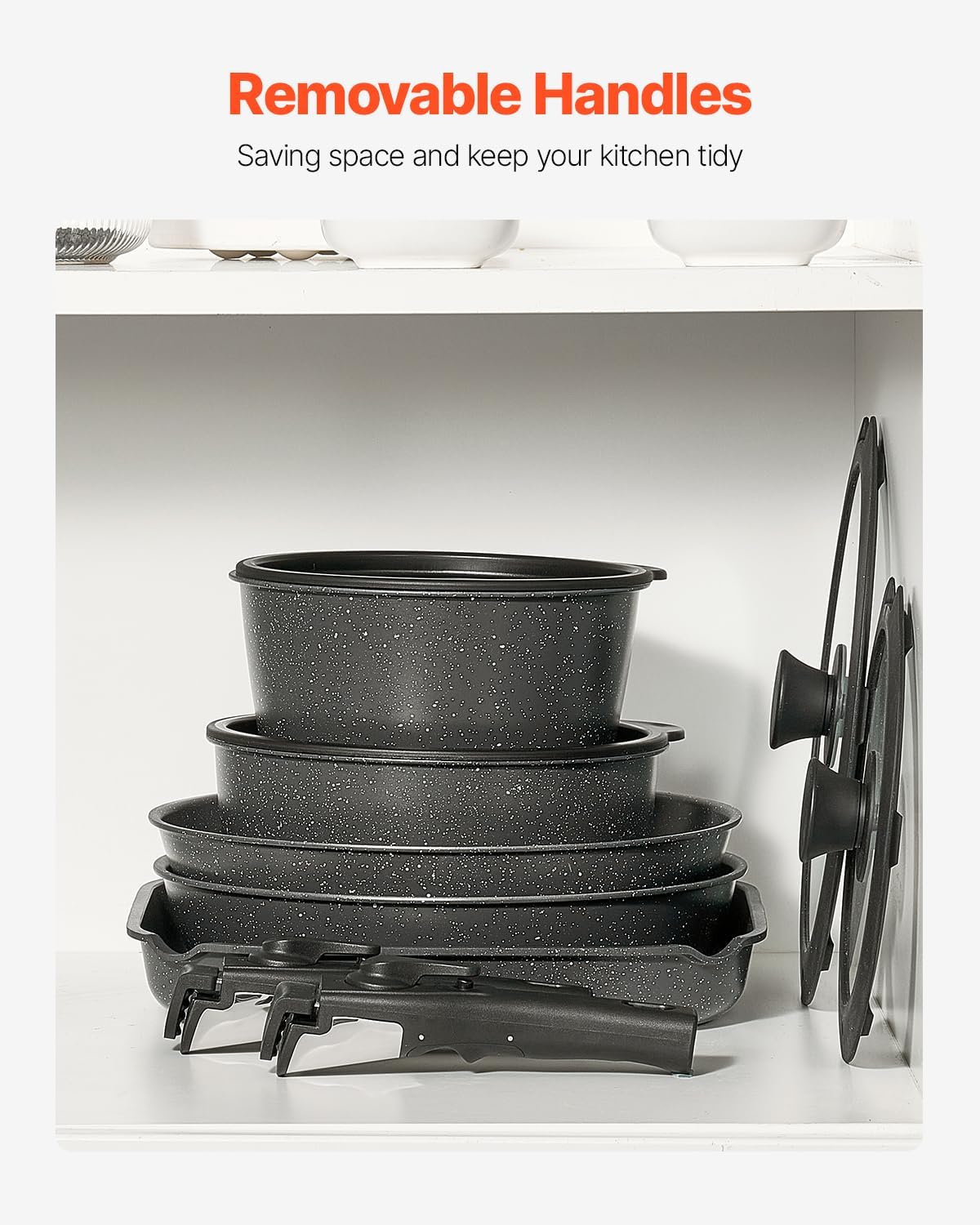 VEVOR 17 Piece Pots and Pans Set, Granite Nonstick Detachable Handle Cookware, Space Saving Induction Cookwares, Kitchen RV Cooking Sets with Frying, Sauce, Saute, Tempered Glass Lid, Oven Safe, Black