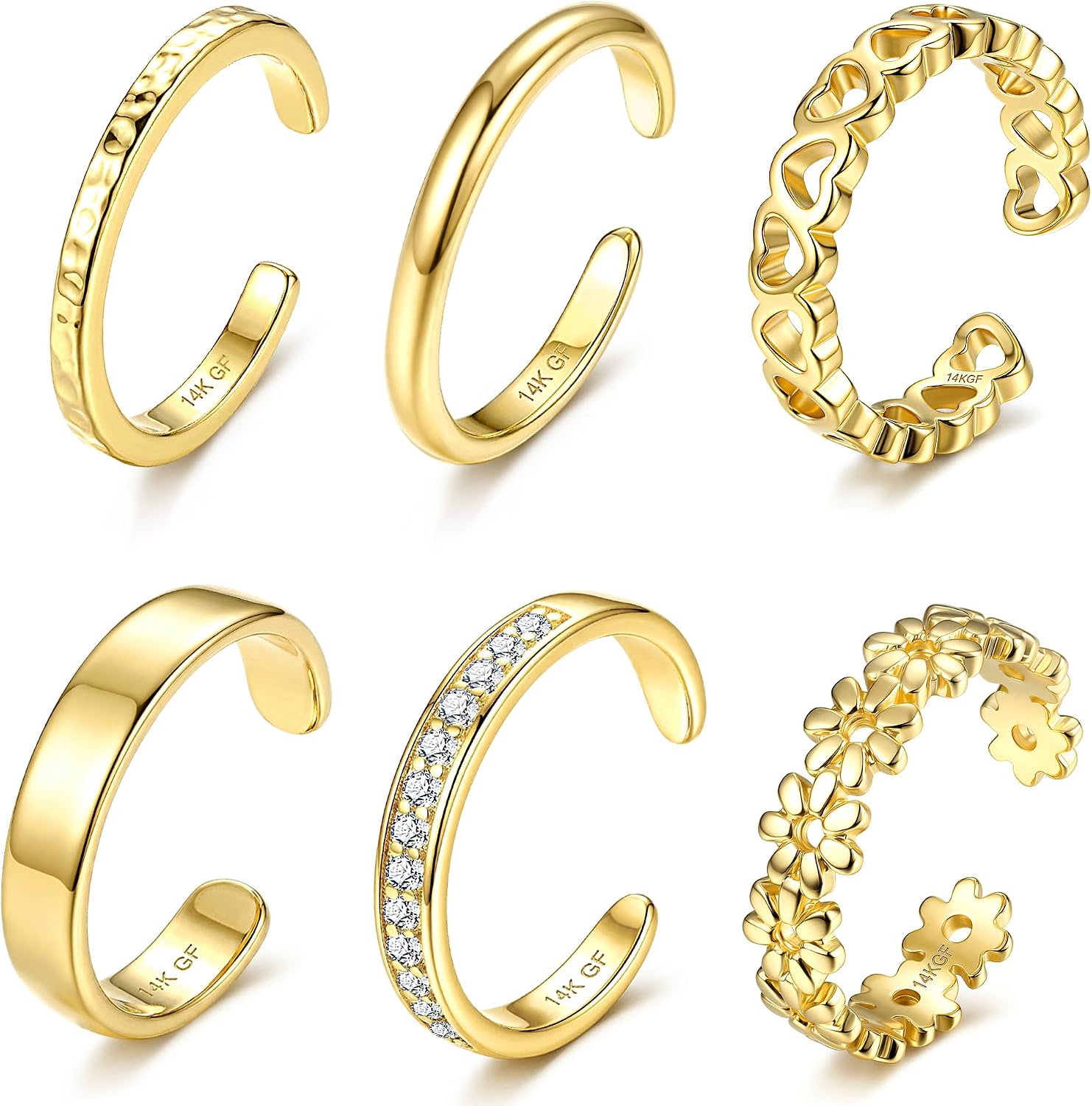 Besteel 6PCS Toe Rings for Women - 14K Gold Filled Toe Ring Non Tarnish Silver Adjustable Simple Open Band Hug CZ Chunky Flower Toe Rings Set Trendy Summer Beach Foot Jewelry for Women