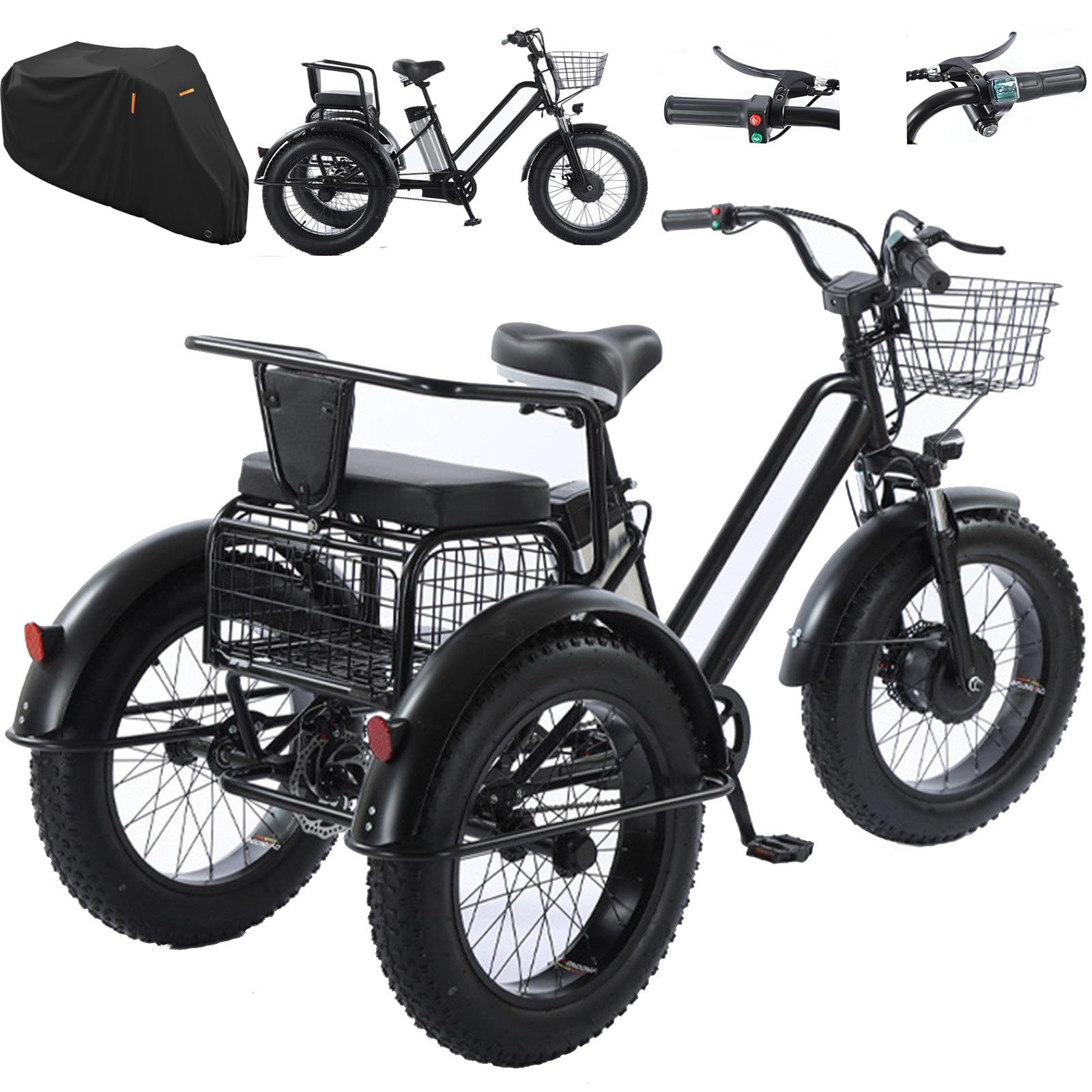 Triciclo Elettrico per Adulti con Sedile Posteriore | Triciclo Fuoristrada Con Pneumatici Larghi Da 20'',Cestino Portaoggetti, Batteria Da 48 V/12 Ah - Autonomia Di 45 Km
