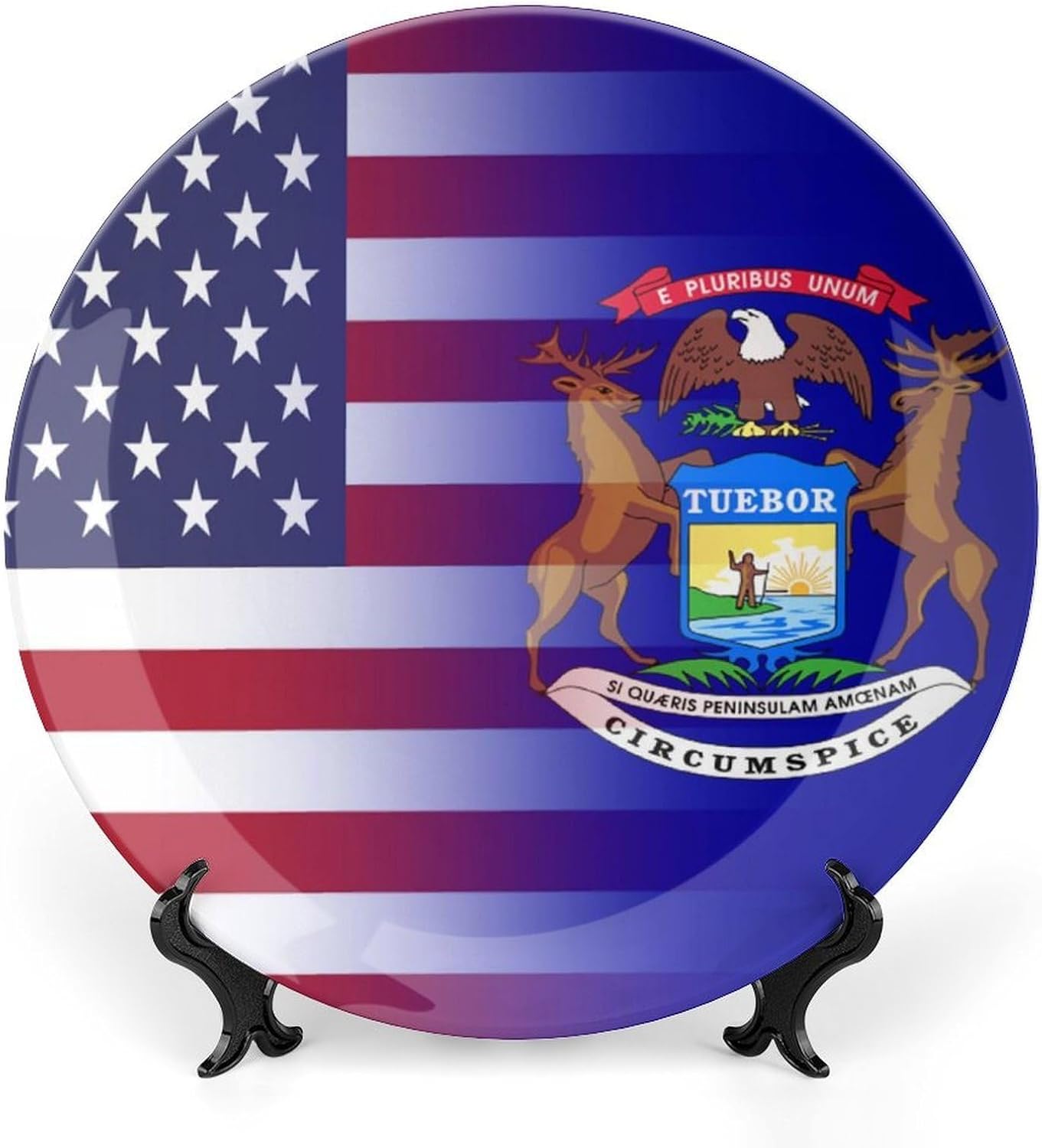 US & Michigan State Flag Novelty Decorative Plate with Display Stand Ceramic Ornament Hanging Wall Decor