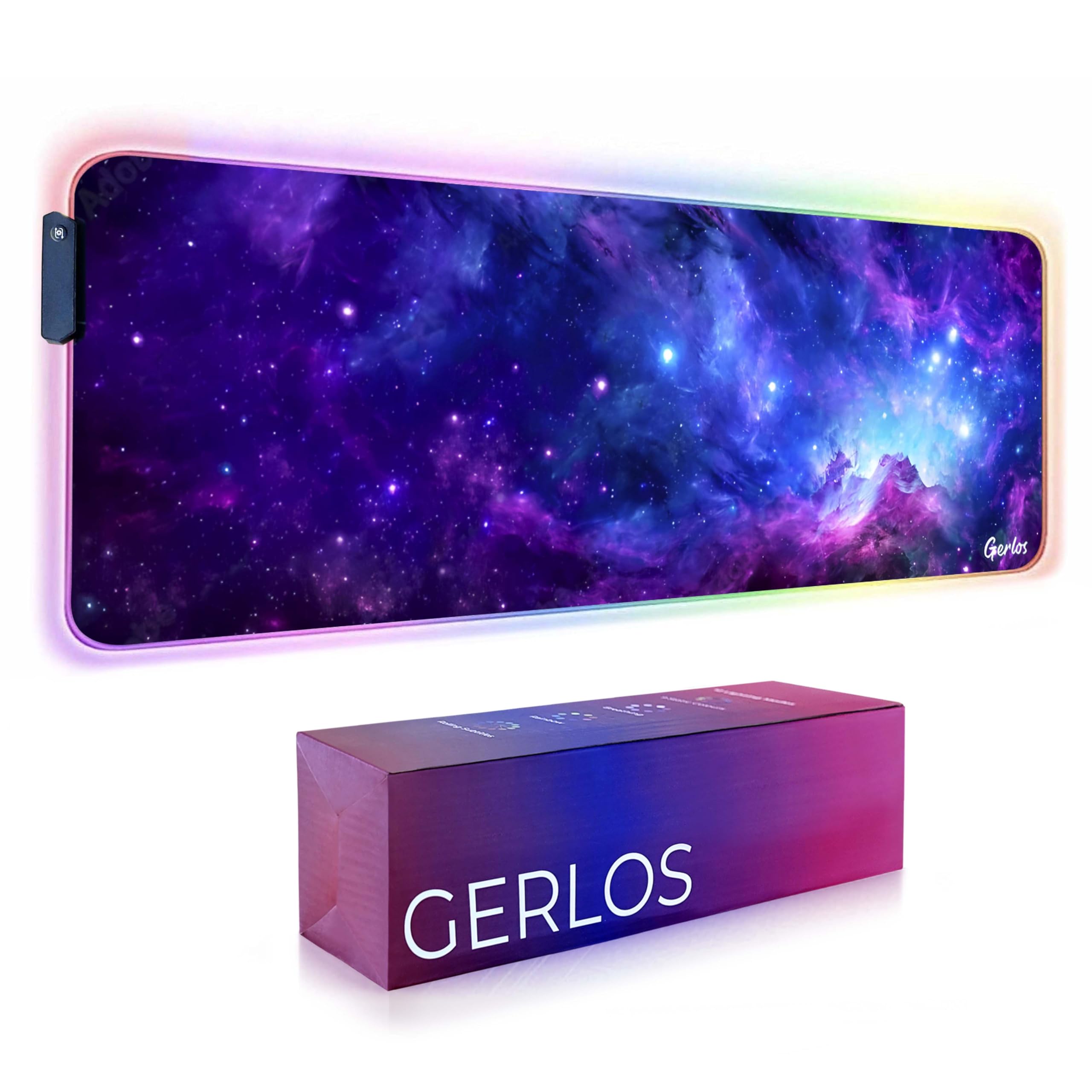 Gerlos Duża podkładka pod mysz do gier RGB, 12 trybów świecenia, rozszerzona podkładka pod mysz LED, antypoślizgowa gumowa podstawa, zszyte krawędzie, wodoodporna klawiatura komputerowa, podkładka na