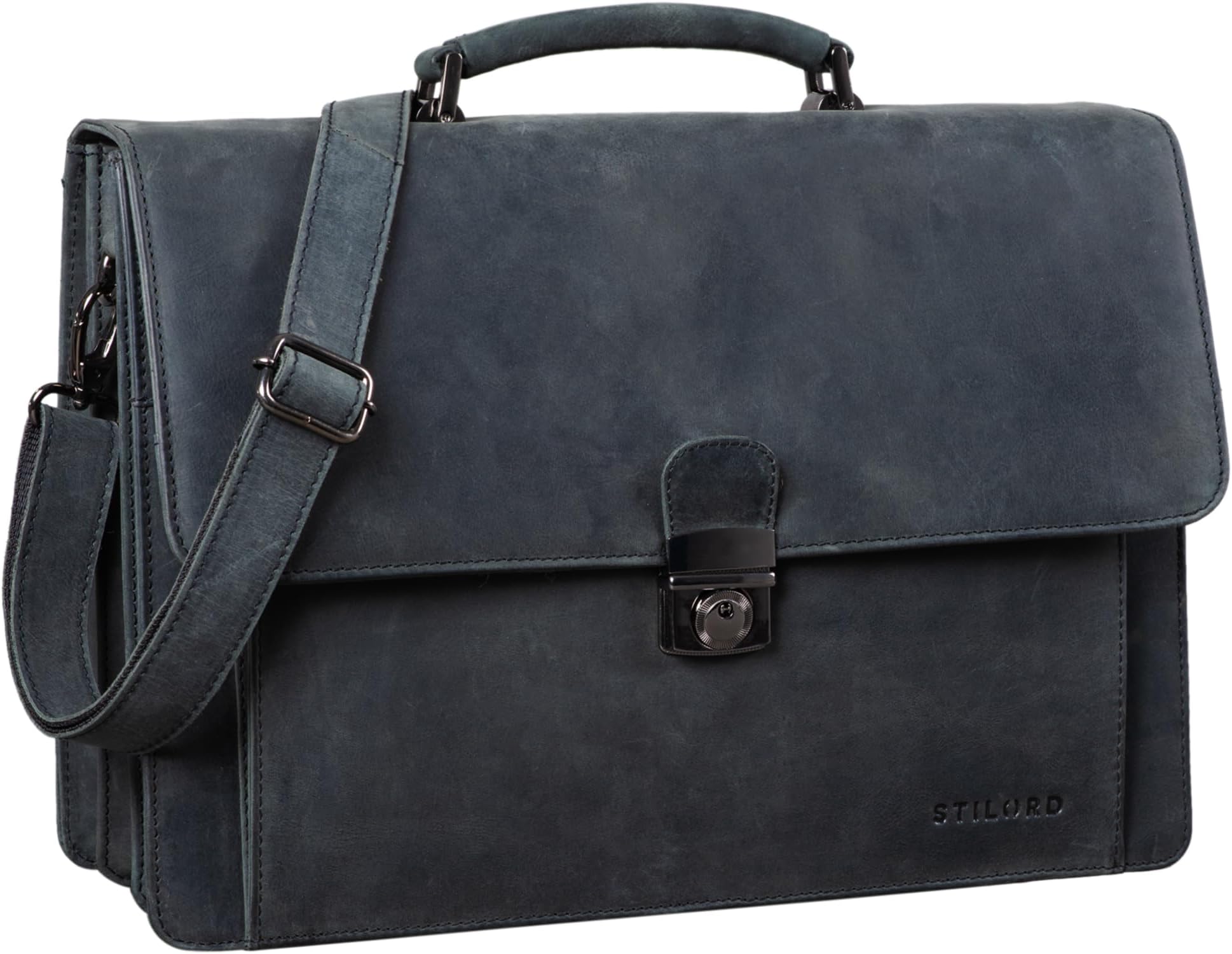 "Angelo" Classic Briefcase Bag Leather Vintage Men for Business Office Shoulder Bag Laptop Bag 15,6" Genuine Cowhide Leather Colour:Anthracite
