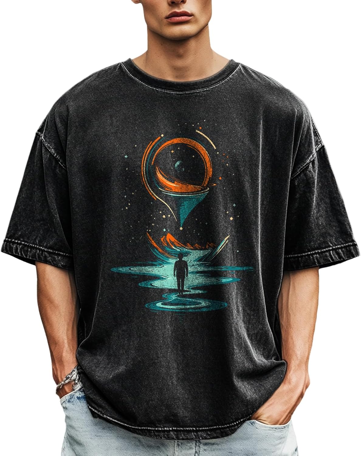 Cotton Shirts for Men Graphic Tees Loose Casual Short Sleeve Acid Washed T-Shirts Summer Crewneck Tops
