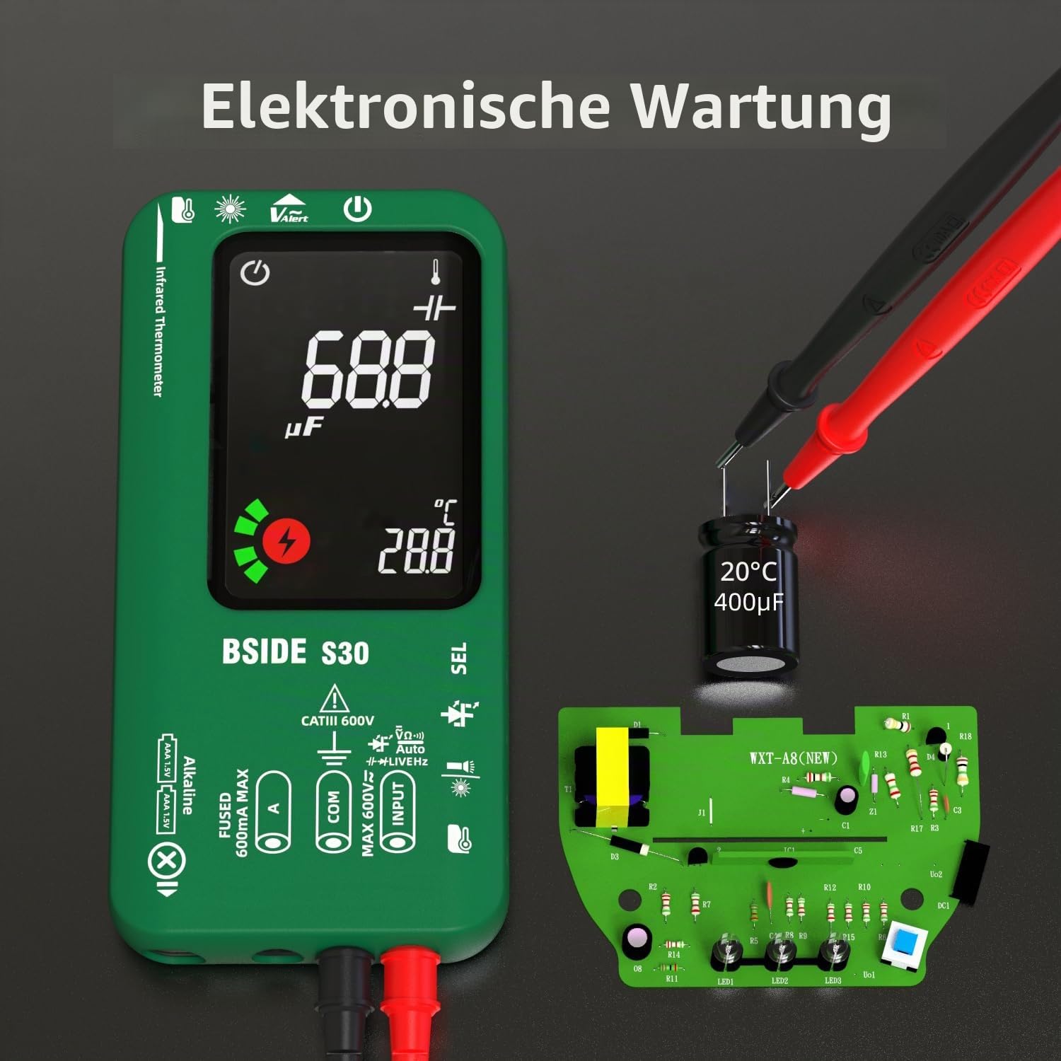 BSIDE Digitales Automatisches Multimeter Infrarot Thermometer Hochspannung Diode LED Tester 9999 Zähler Farb LCD Spannungsprüfer Strommessgerät Kapazität Diode Ohm Messgerät für LED KFZ Elektriker