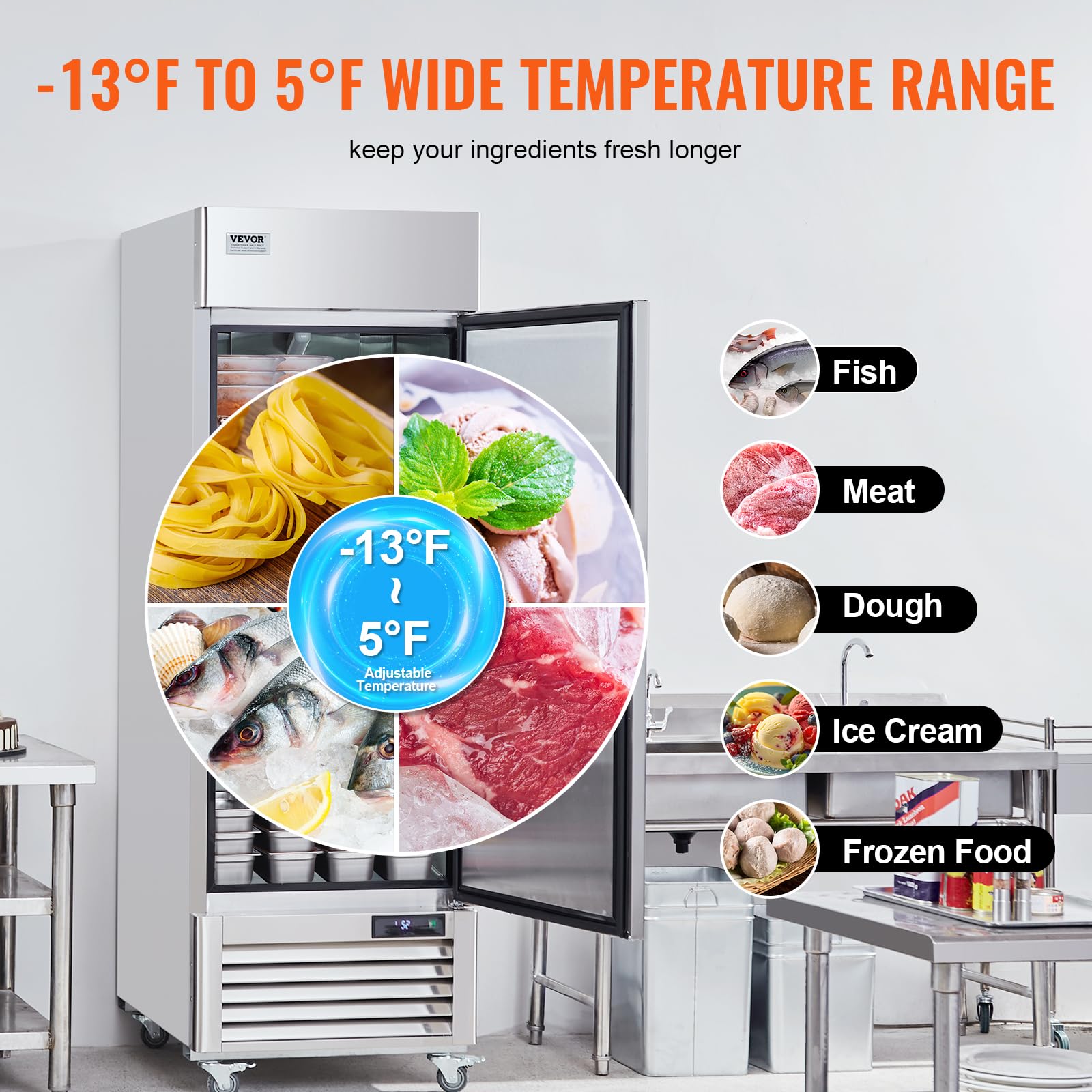 VEVOR Congélateur Commercial 570 L, Armoire de Congélation à Portée de Main 1 Porte, en Inox, Dégivrage Automatique, Contrôle de Température -25 à -15 ℃, 3 Tablettes et 4 Roues, Cuisine Restaurant