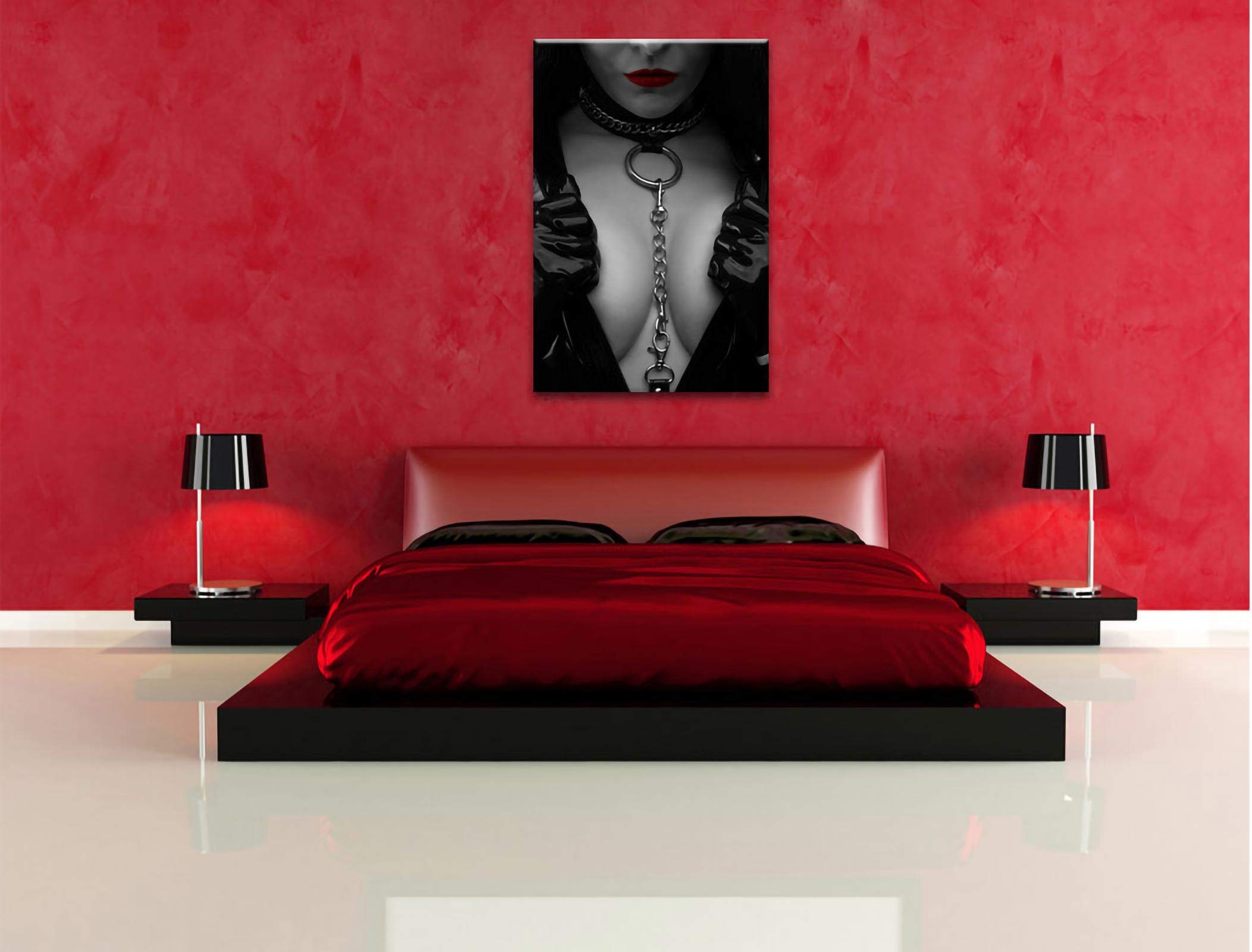 Pixxprint Strenge Domina rote Lippen mit Halsband, Größe: 120x80cm, Leinwandbild, fertig gespannt, Wandbild, Dekoration, Kunstdruck, kein Poster
