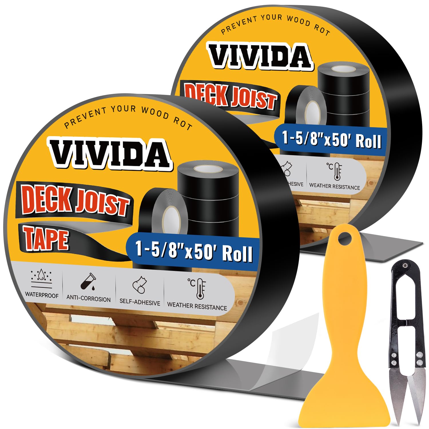 VIVIDA Butyl Joist Tape for Decking 1-5/8" × 50' (2 Roll), Waterproof Deck Joist Butyl Sealant Tape for Wood Beams, Roof