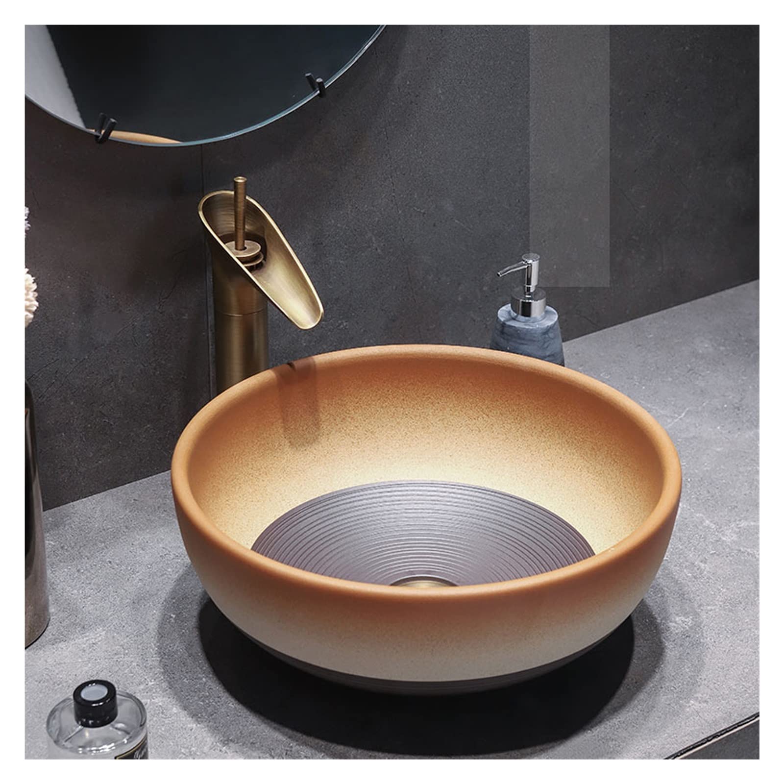 Lavabo Redondo De Vidrio Marrón Eclife – Combo Con Grifo Y Desagüe, Estilo Moderno Para Baño