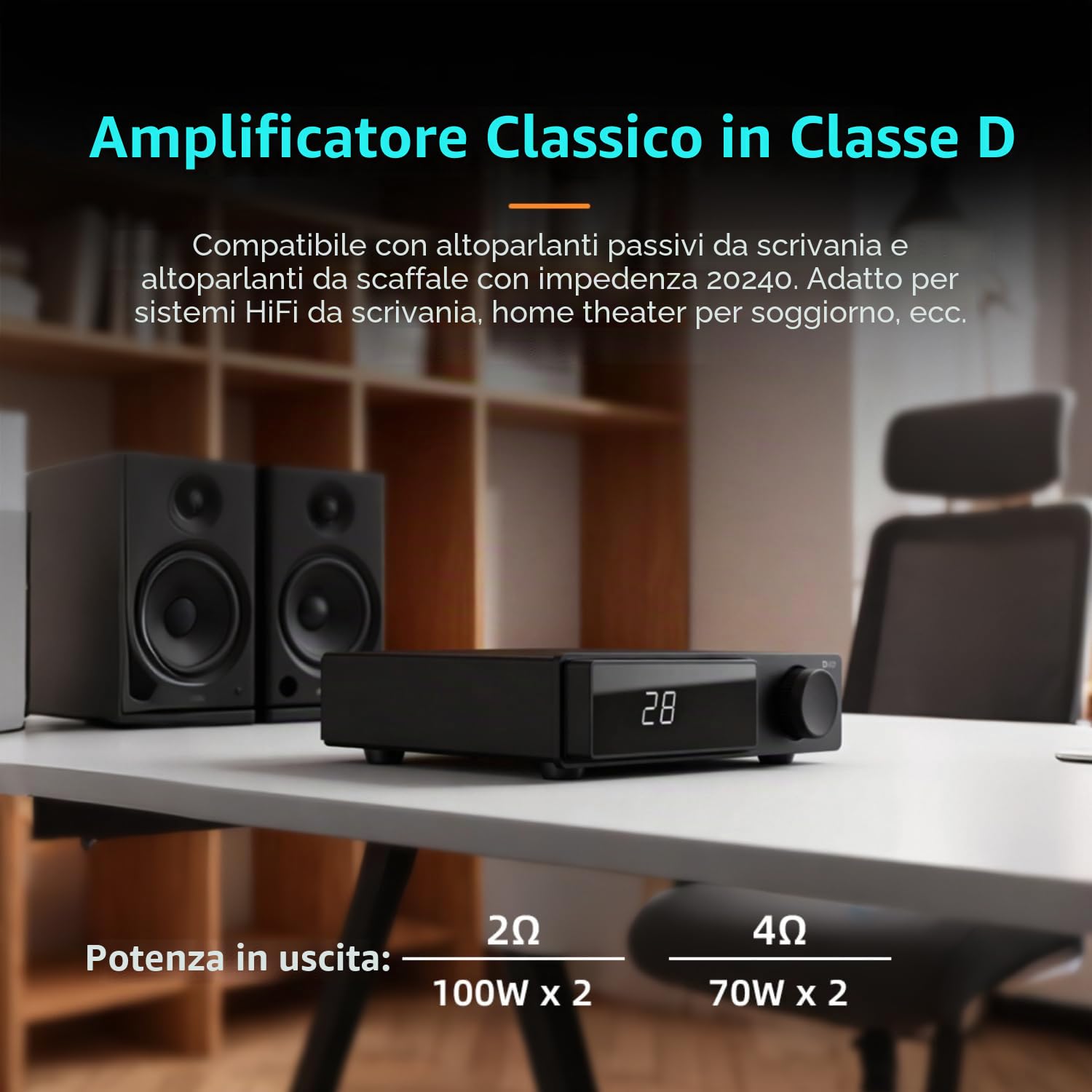 SMSL AO10 Amplificatore HIFI, 2 Canali Amp Stereo, 100W Amplificatori di Potenza Integrata Classe D per Altoparlanti Passivi, Amp da Tavolo per Audio per la Casa con Trigger 12V/Regolazione EQ