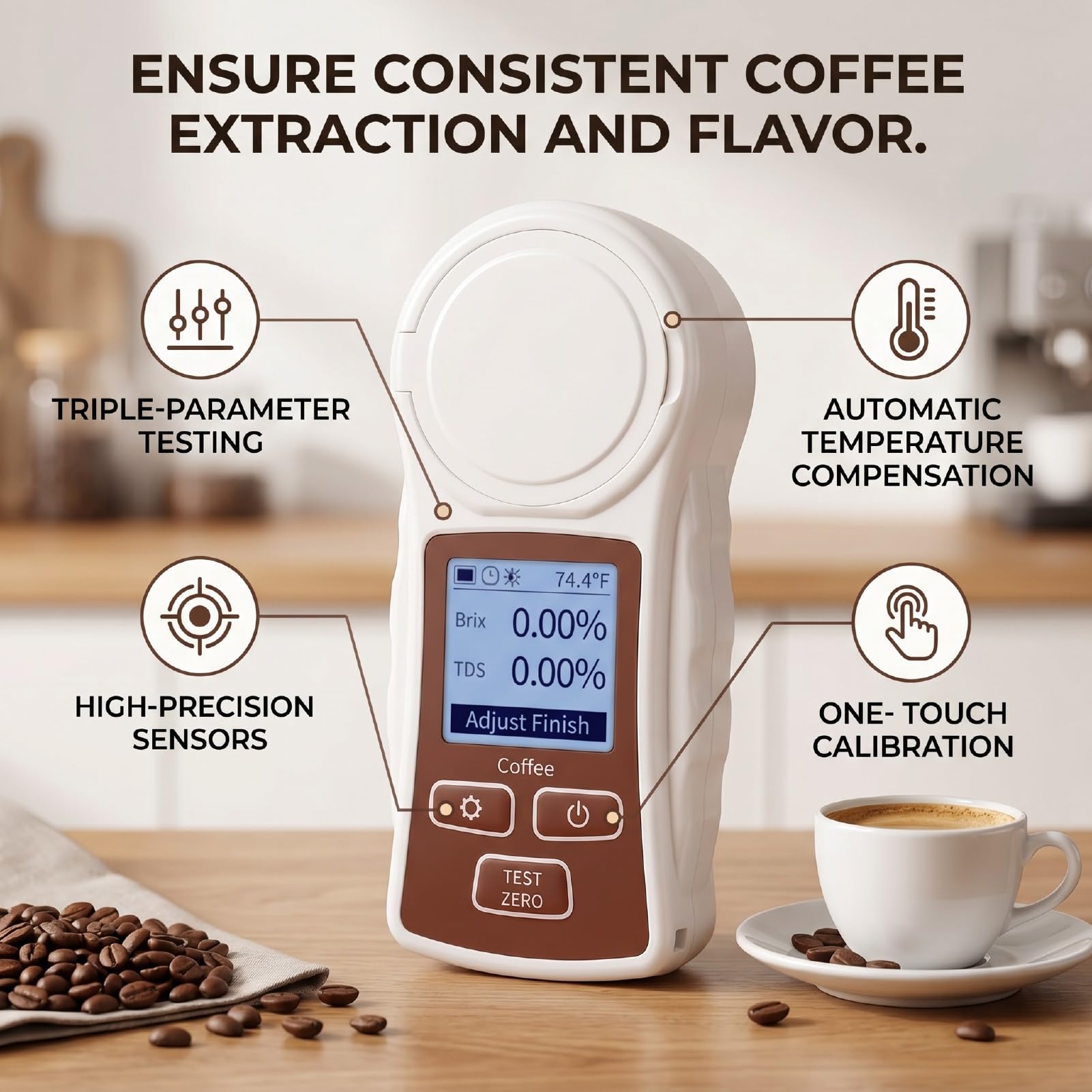 Annadue Refractómetro Digital TDS con Medidor ATC de Brix de café 0-22% ±0,2% Recargable para Extracción de café, Prueba de Triple Parámetro con Compensación Automática de Temperatura, Prisma Sellado