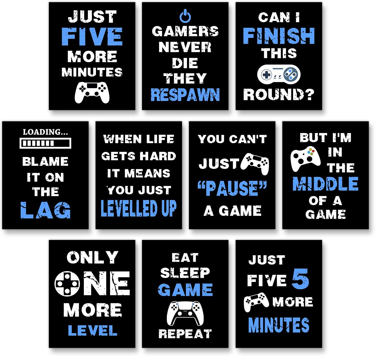 10 Pieces Funny Gaming Art Print Poster Inspirational Words Quote Poster Bedroom Wall Gaming Art Picture , Kids Boy Bedroom Playroom Home Decoration, No Frames (Blue and Black, 8 x 10 Inch)