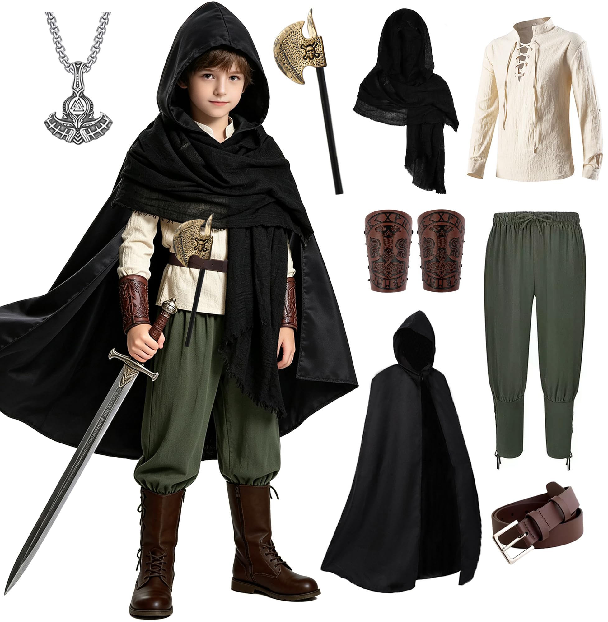 8 Pcs Medieval Costume for Boys Renaissance Viking Pirate Tunic Outfit for Kids
