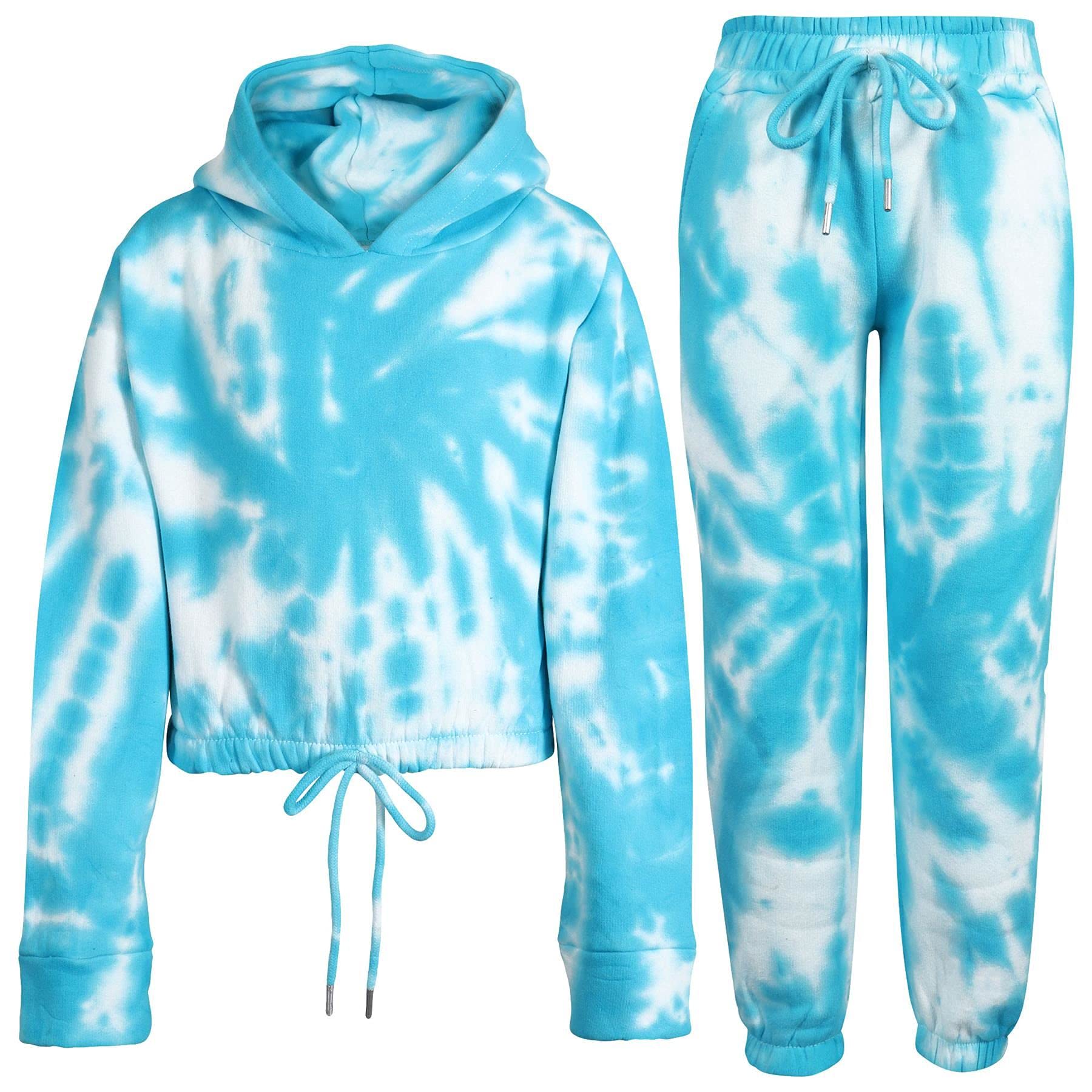 Girls Tie Dye Tracksuit Crop Hooded Sweatpants Top Bottoms Jogging Suit Joggers Outfit Set Age 5-13 Years