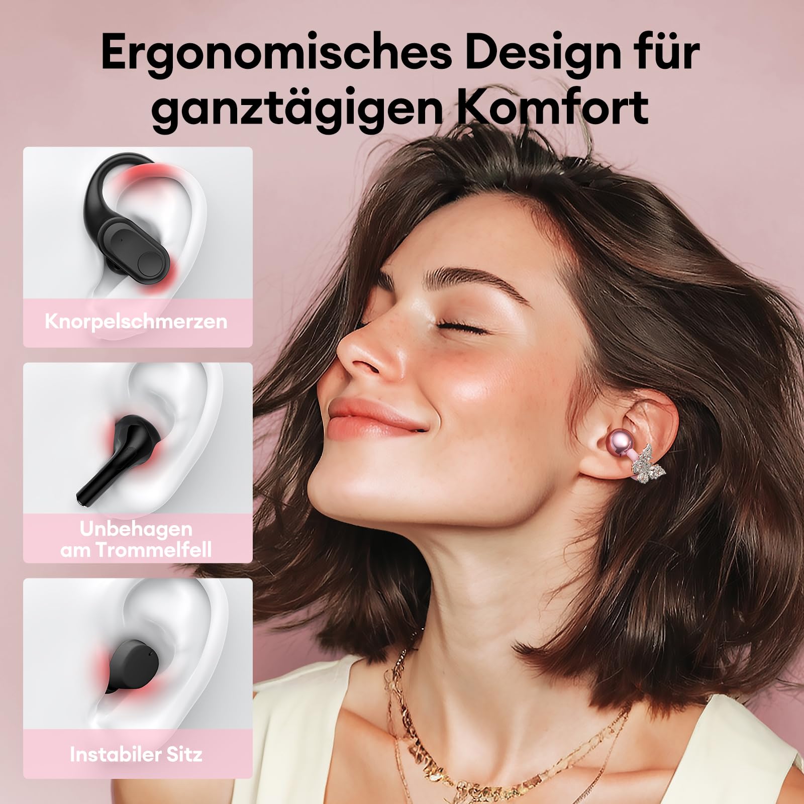 Clip On Schmuck Kopfhörer Open Ear Kopfhörer Kabellos Bluetooth 5.4 mit Intelligentem Touchscreen 4.1g Leichtgewicht Kopfhörer Sport, 60 Std Wireless Earbuds, M100 Schmetterling-Ohrring Rosa