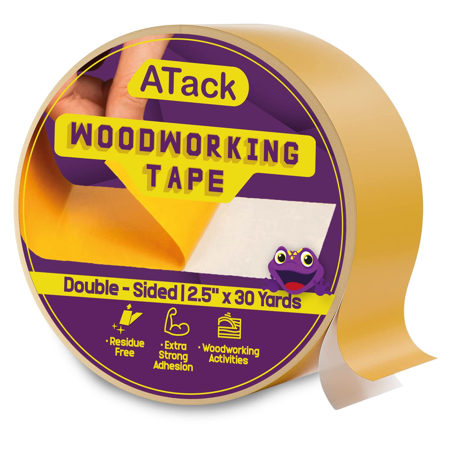 ATack Double-Sided Woodworking Tape, 2.5-Inch by 30-Yards - Traceless Yellow Backed, High Torque CNC Machine Tape, Residue-Free, Wood-Safe and