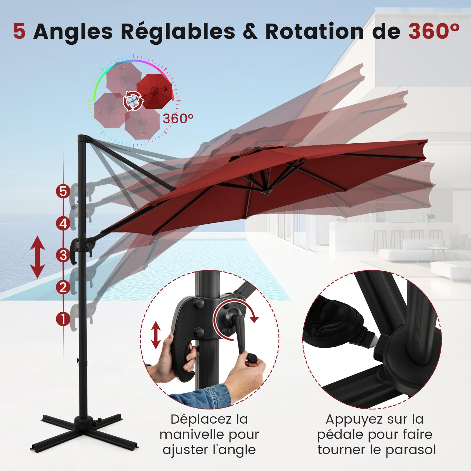 COSTWAY Parasol Déporté Professionnel 3M, Parasol de Jardin Exterieur avec Pied et Manivelle, Anti-UV, Pivotant à 360°, Inclinable, Poteau en Aluminium, pour Terrasse, Patio, Balcon (Bordeaux)