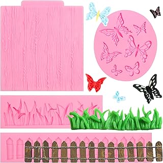 Green Grass Wood Grain Silicone Molds 4 Pcs, Garden Picket Fence Butterfly Chocolate Fondant Mold for Cake Decoration Candy Cupcake Topper Birthday Party Polymer Clay Crafts