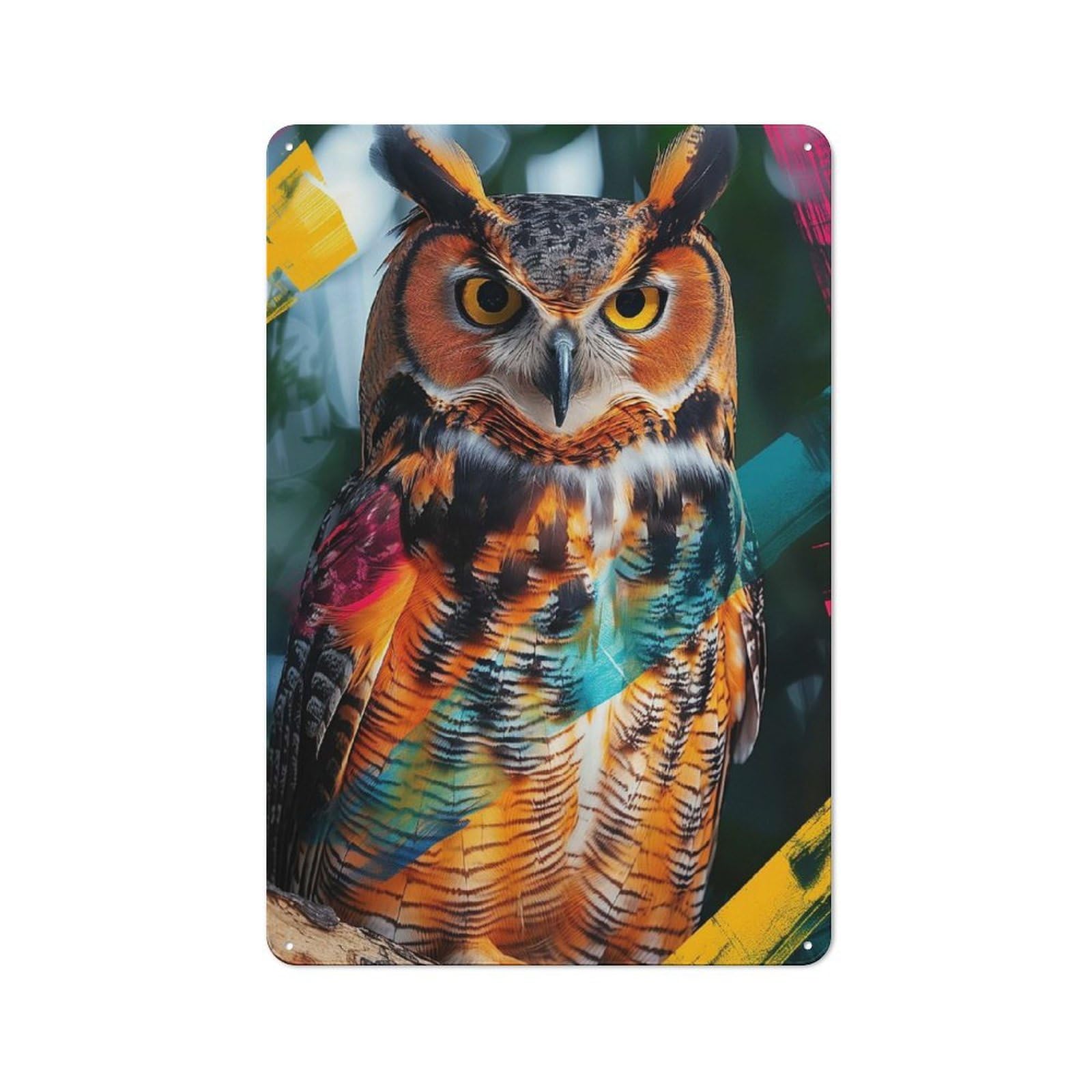 Junmoney Colorful Owl With Abstract Strokes Cottage Style Metal Wall Decor 30X20cm, Farmhouse Metal Sign For Farmhouse Kitchen, Pantry Or Dining Area
