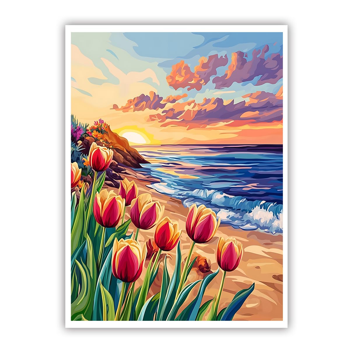 CHERHERART Modern Beach Landscape Painting Poster Orange Yellow Floral Canvas Wall Art Coastal Sunset Tulips Canvas Prints for Dining Room 45x60cm Frameless