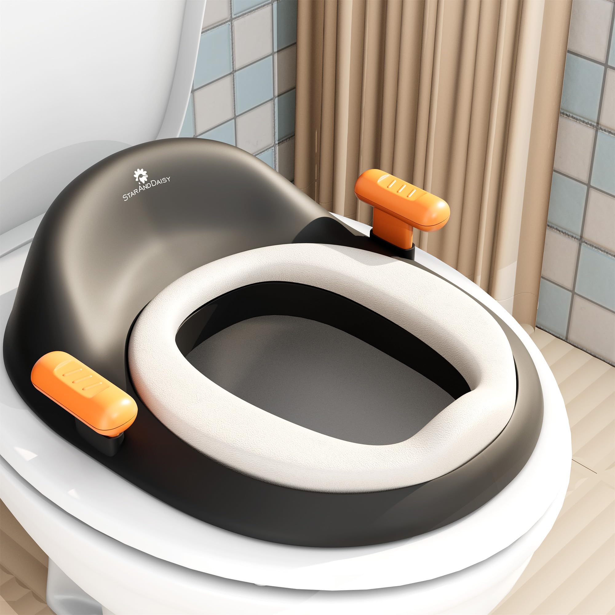 StarAndDaisy Potty Seat for Kids 1-5 Years/Toilet Seat for Kids with Splash Guard/Baby Potty Seat with Comfortable Cushion & Secure Handles - Black.