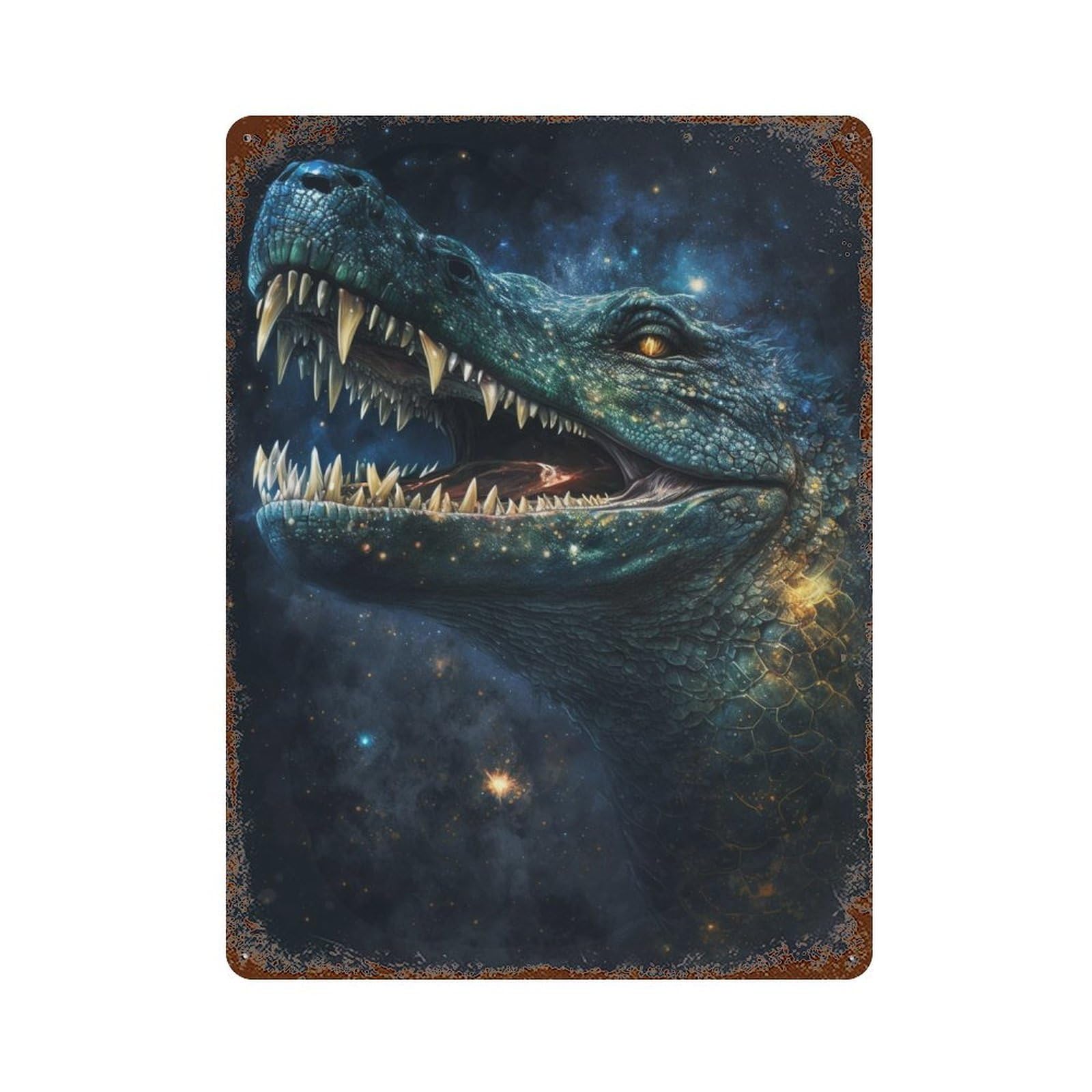 Galactic Crocodile Art Print-17 15.7"x11.8" Weathered Tin Sign, Shabby Chic Decor for Farmhouse, Kitchen And Entryway Decor