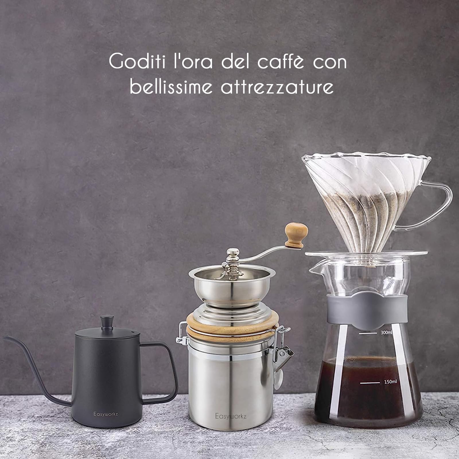 Easyworkz Gage Gooseneck Pour Over Coffee Kettle 600ml con termometro Caffettiera in acciaio inossidabile 304 con beccuccio lungo e stretto Bollitore a goccia manuale