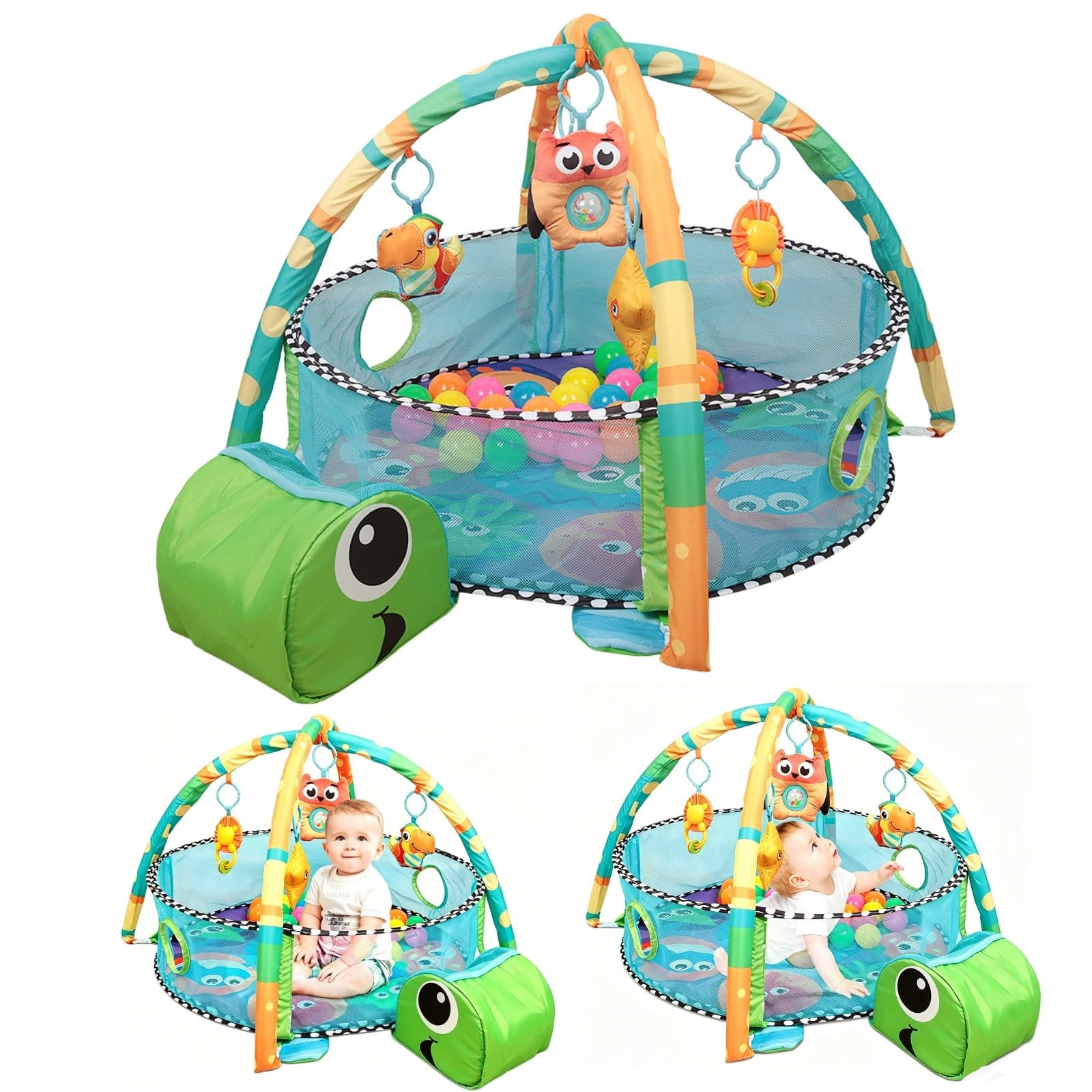 Spielbogen Baby mit Bällen – 3-in-1 Krabbeldecke mit Spielbogen & Sicherheitsnetz – Faltbare Baby Spielmatte im Schildkröten-Design – Inkl. 30 Bälle – 85x85 cm Grün