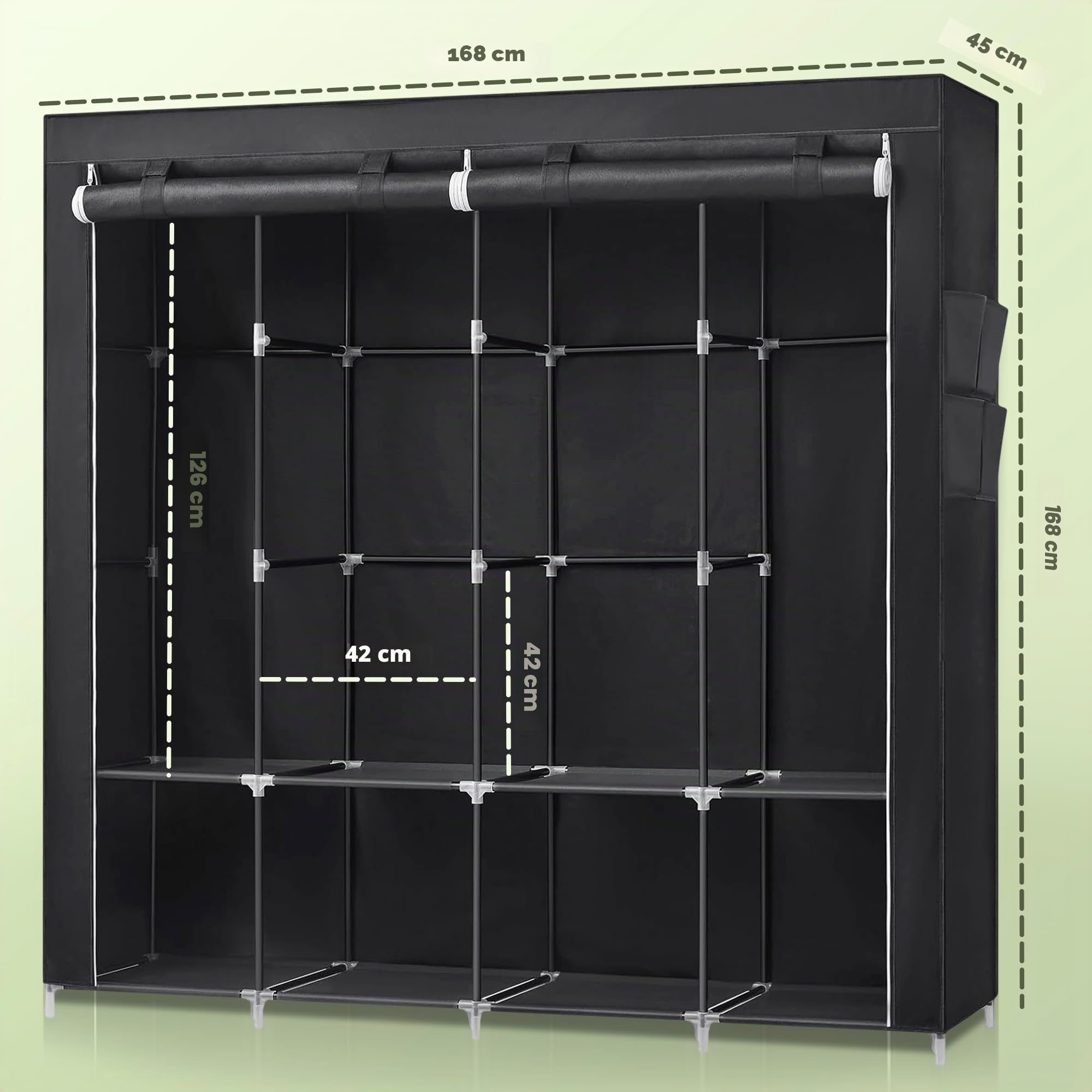 JUPPLIES Stoffkleiderschrank 45x150x175 cm – Faltbarer Kleiderschrank mit Kleiderstange, Regalen und Seitentaschen – Stoffschrank für Schlafzimmer, Leicht & Stabil