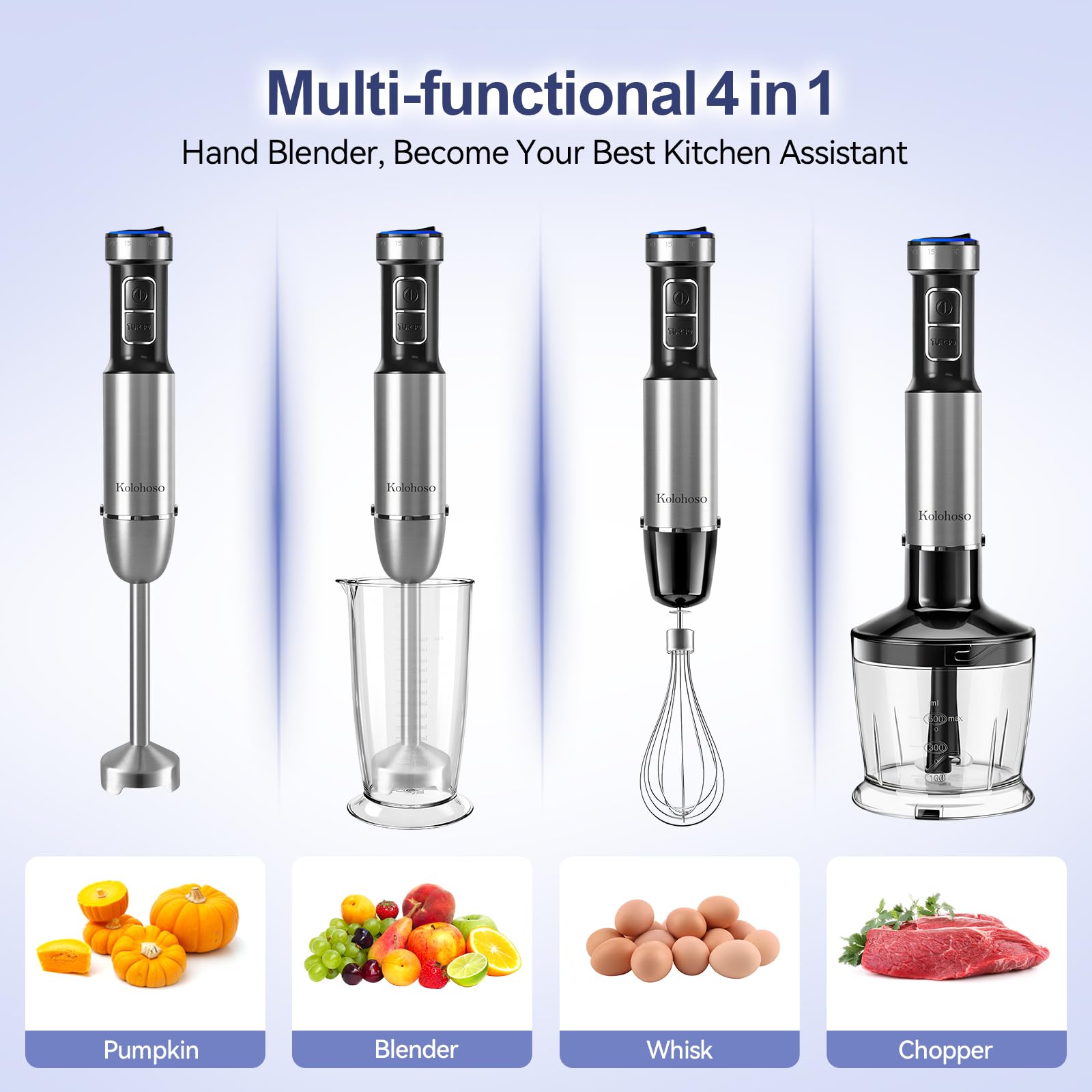 1500W Frullatore a Immersione, Multifunzione Immersione da 4 in 1, Mixer Cucina, 25 Velocità e Turbo, con Frusta, Tritatutto da 500 ml e Misurino da 700 ml, per Preparare Pappe Zuppe e Salse