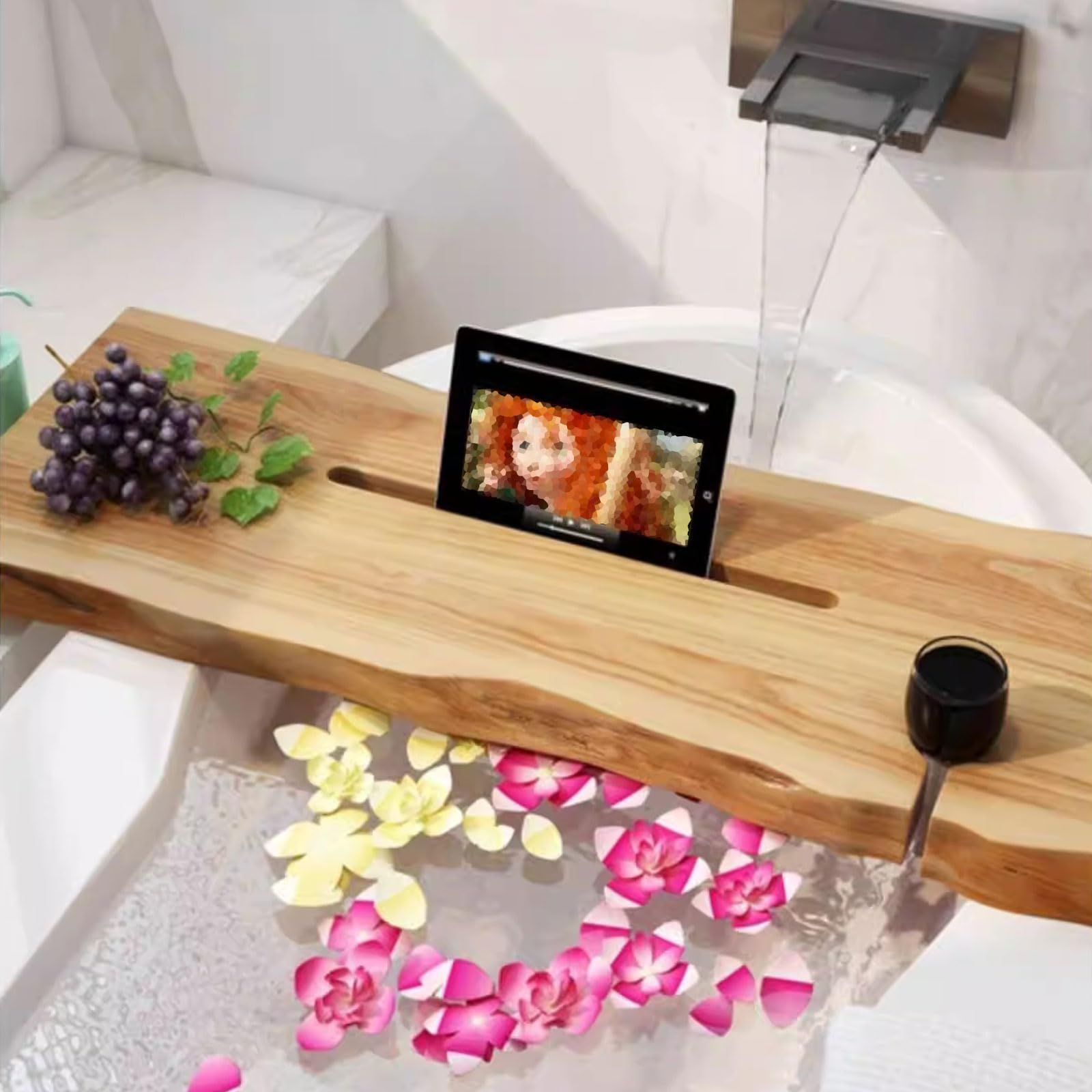Premium -Badewanne Caddy Massive Holzbadschale für die Wanne Große Badetischschale Halter für Tablet mit Buch- und Weinglashalter,39.4“Lx7.9 Wx2 H