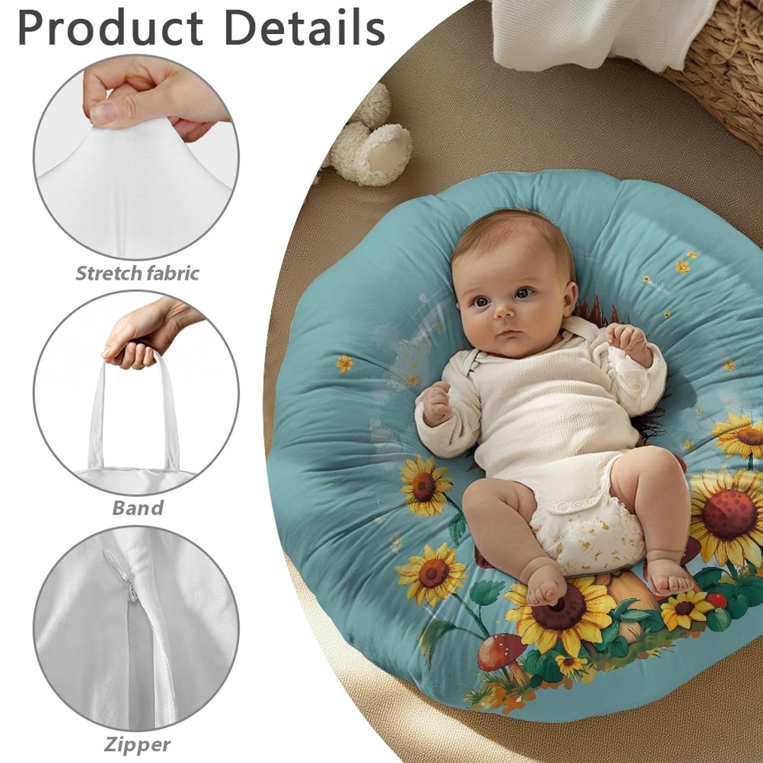 Hedgehog Sunflower Baby Lounger for Newborn 1-24 Months,Lounger Slipcover for Baby Floor Seat Breathable Soft Snugly Fit Infant Lounger,Reusable Lounger Slipcover for Boys & Girls,Blue