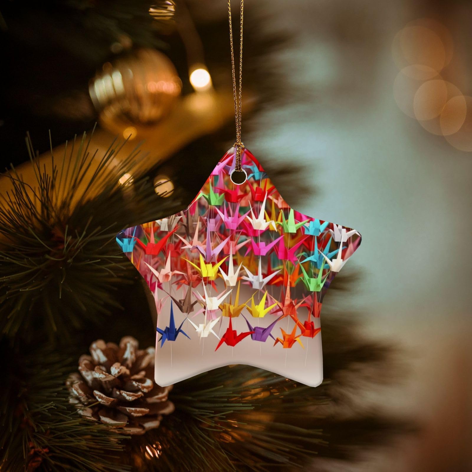 Christmas Ornaments for Christmas Tree Decoration Hanging Origami Paper Cranes Ornament with Gold Ribbon Crafts Star Shape Ceramic Pendant for Keepsake Gifts Xmas Decor Party Supplies