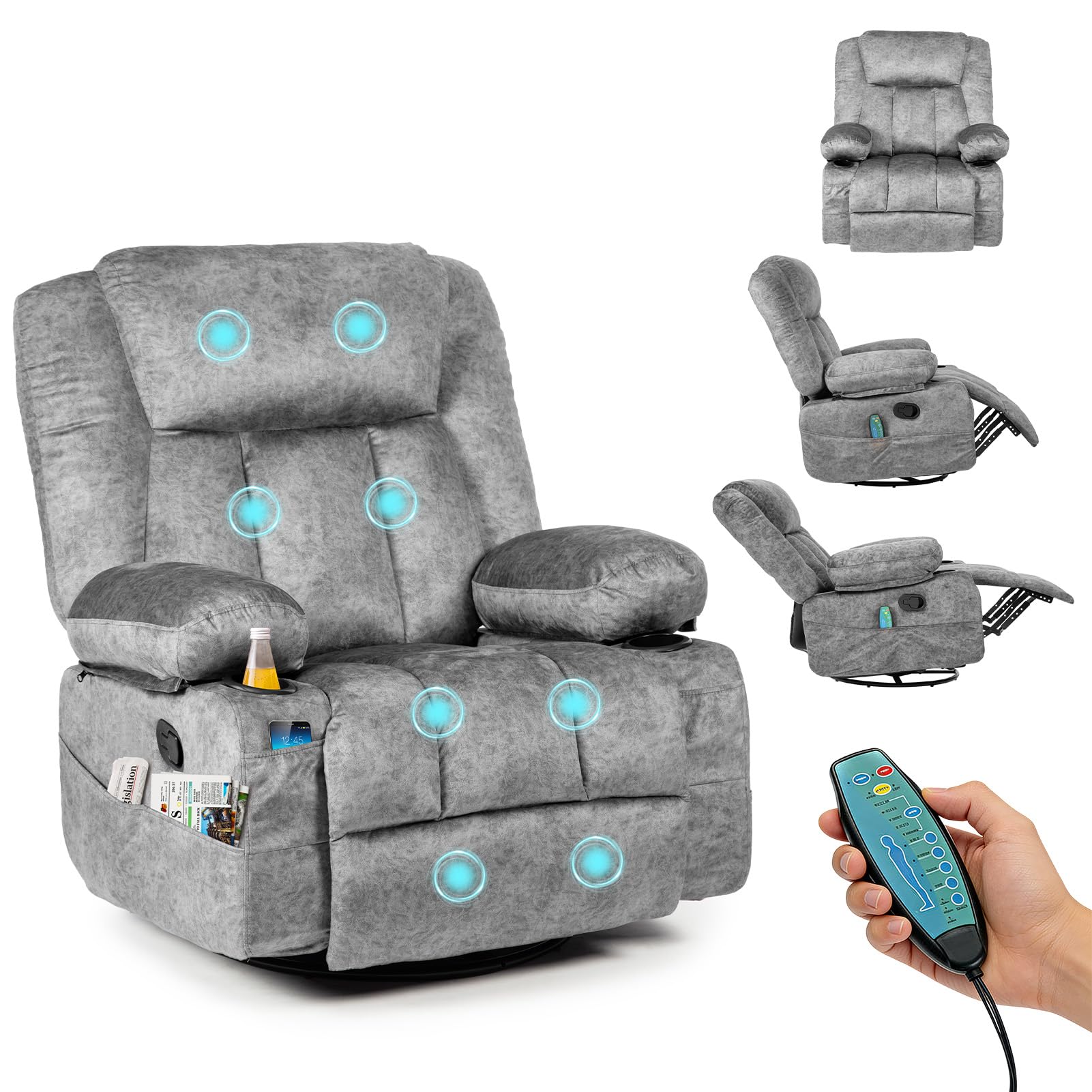 HAUSPROFI Fernsehsessel mit Wärme und Massage, Relaxsessel mit Liegefunktion, TV Sessel Wohnzimmer 360° Drehbarer mit 6 Seitentaschen Getränkehalter, Elektrisch Verstellbar Massagesessel, Grau