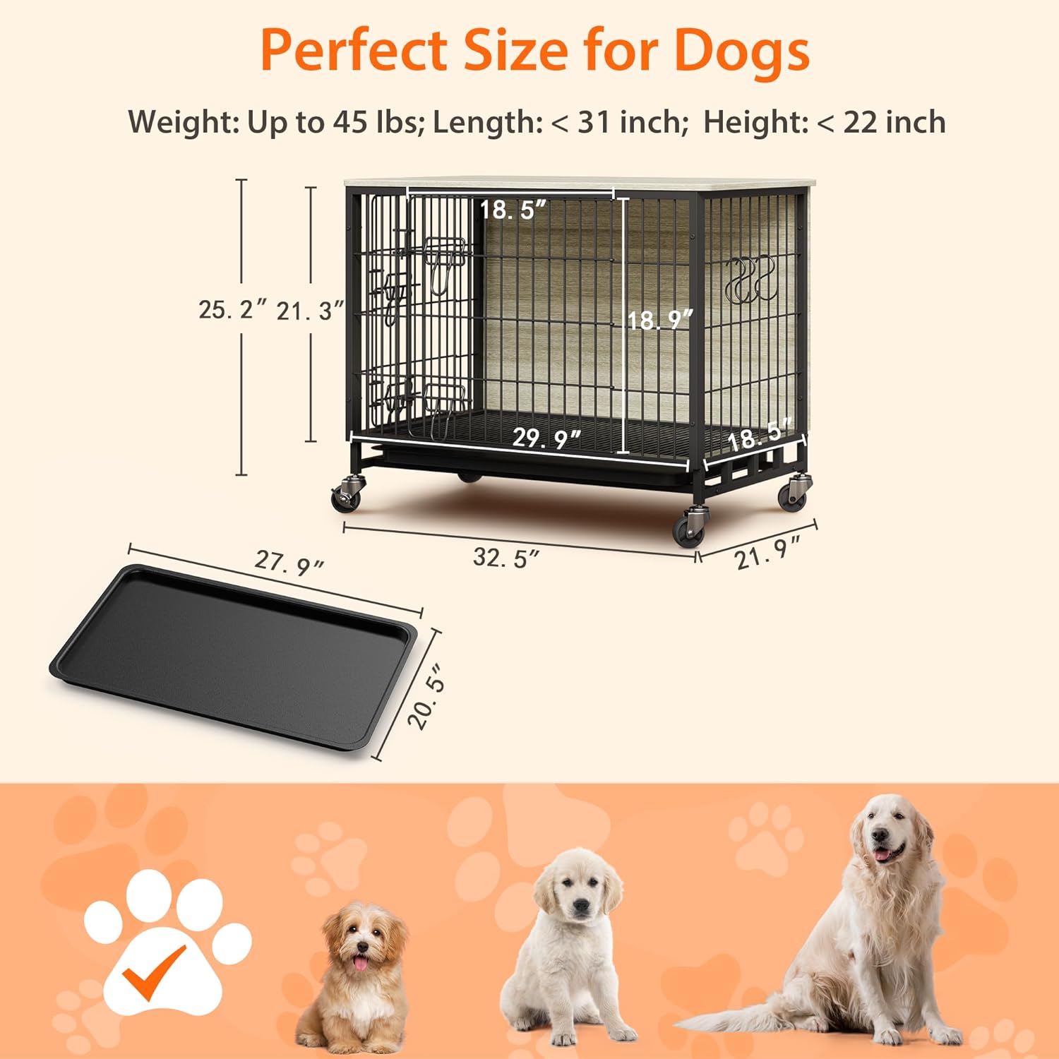 Dog Crate Furniture, 32.5" L Indoor Kennel with Double Doors, Sturdy Dog Cage with Easy Assembly, Wheels & Removable Tray, Rustic Grey