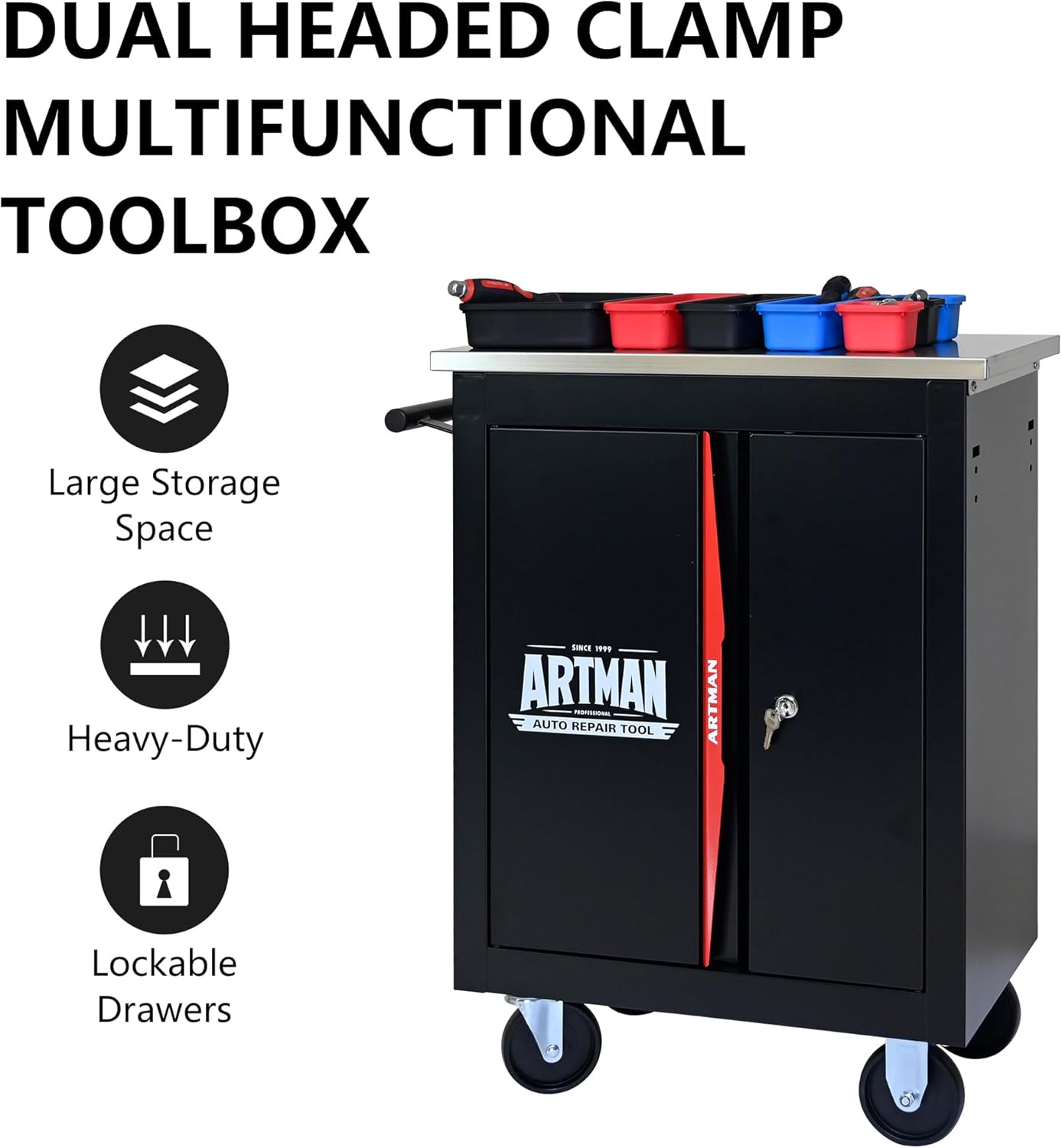 Artman Double Door Rolling Tool Chest, Black & Red Modular Tool Box with Wheels, Heavy-Duty Rolling Tool Cabinet for Garage & Workshop Storage