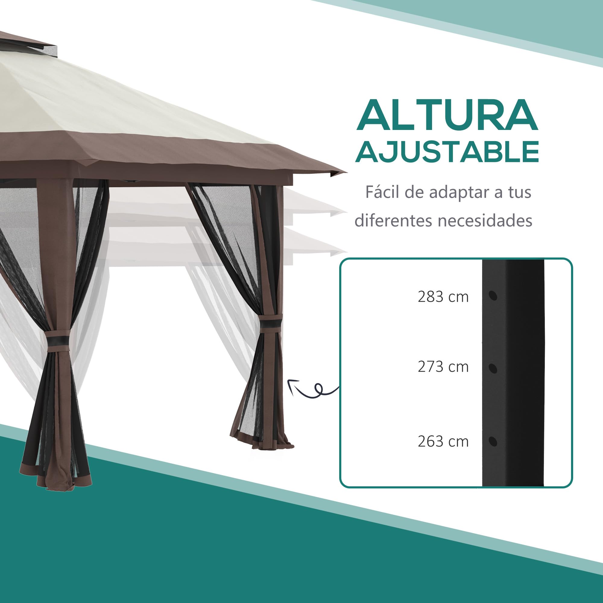 Outsunny Carpa Plegable Pop-up 4x4x2,8 m Cenador de Jardín con Paredes Altura Ajustable Anti-UV Impermeable Doble Techo Mosquiteras y Bolsa de Ruedas Gazebo para Exterior Fiestas Camping Beige