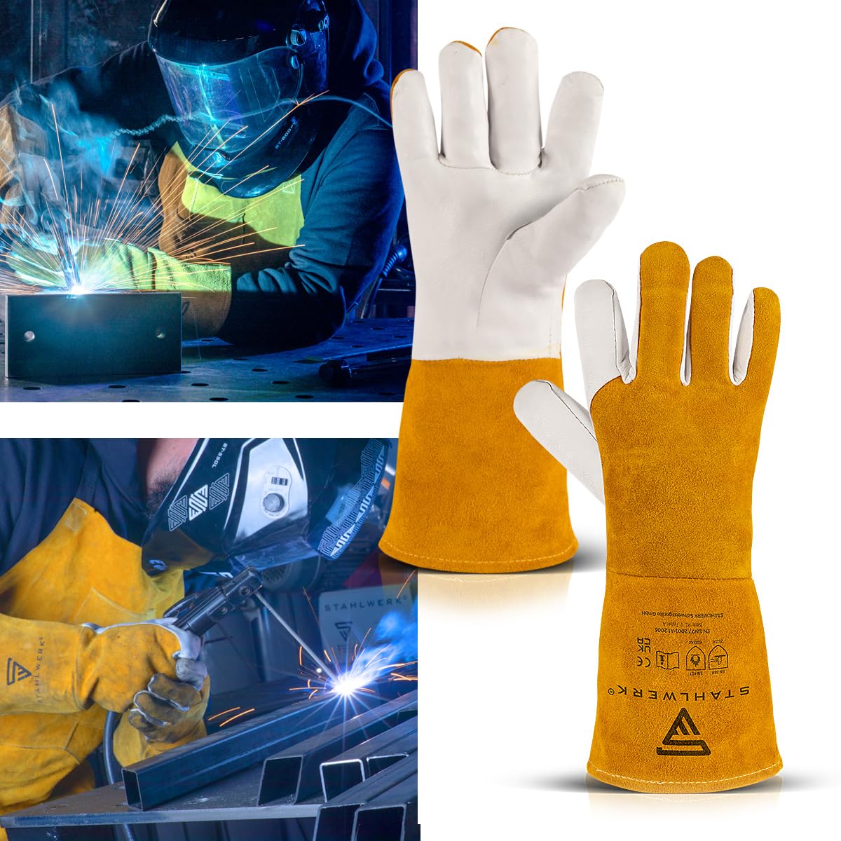 STAHLWERK Schweißerhandschuhe aus Rindspaltleder 2 Paar – Hitze- und feuerbeständige Schweißhandschuhe für WIG, MIG/MAG, MMA, Plasma mit Unterarmschutz, Nahtloser Daumen-Übergang, Einheitsgröße (34cm)