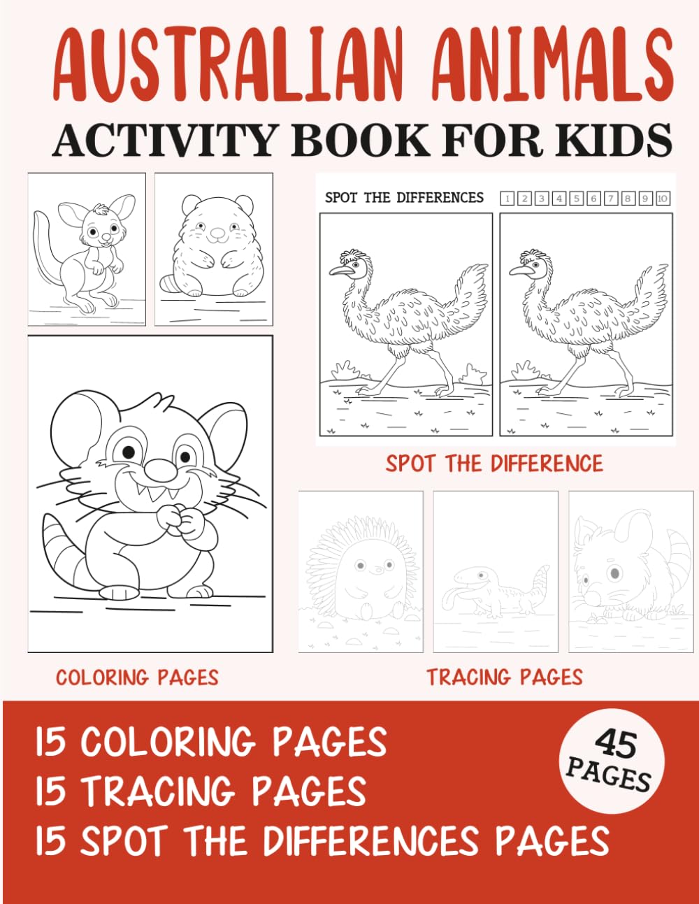 Australian Animals Activity Book for Kids: Coloring, Tracing and Spot the Difference Pages