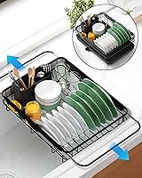 Kitsure Black Stainless Steel Dish Drying Rack for Kitchen Sink - Expandable 12.2"W x 15.7-23"L with Cutlery Holder, Space-Saving Counter Organizer