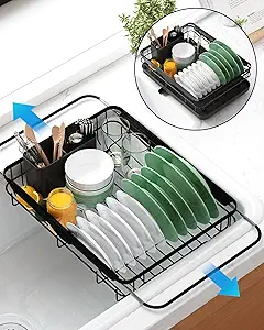 Kitsure Dish Drying Rack for Kitchen Counter, Stainless Steel Sink Organization and Storage Essentials with Cutlery Holder, Home and Appartment Decor, 12.2''W x 15.7''~23''L, Black