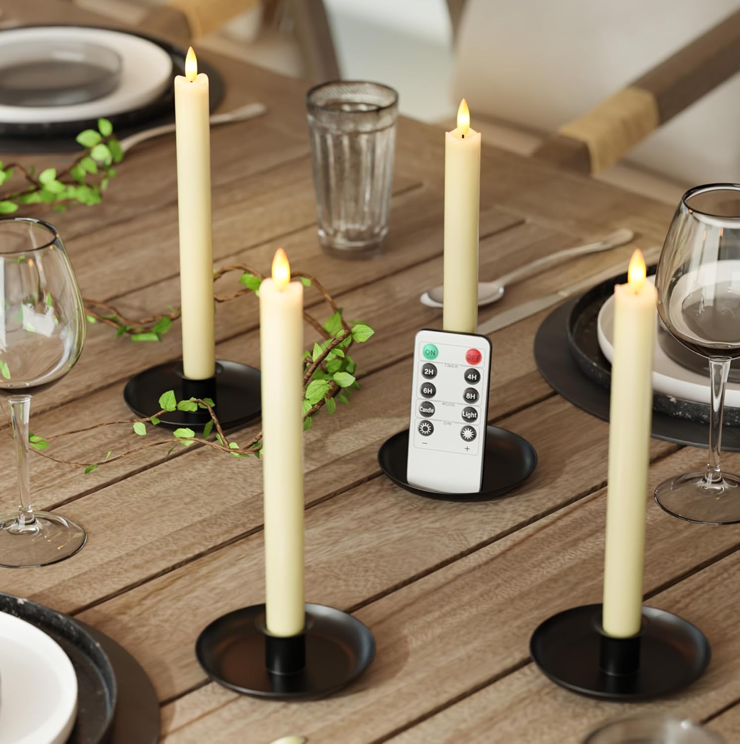 Rechargeable Flameless Taper Candles, Real Wax 9.6 Inch LED Candlesticks with Remote, flickering Ivory Battery Operated Candles with Charging Station for Home, Holidays, Weddings, Party Decor, 4 Pack