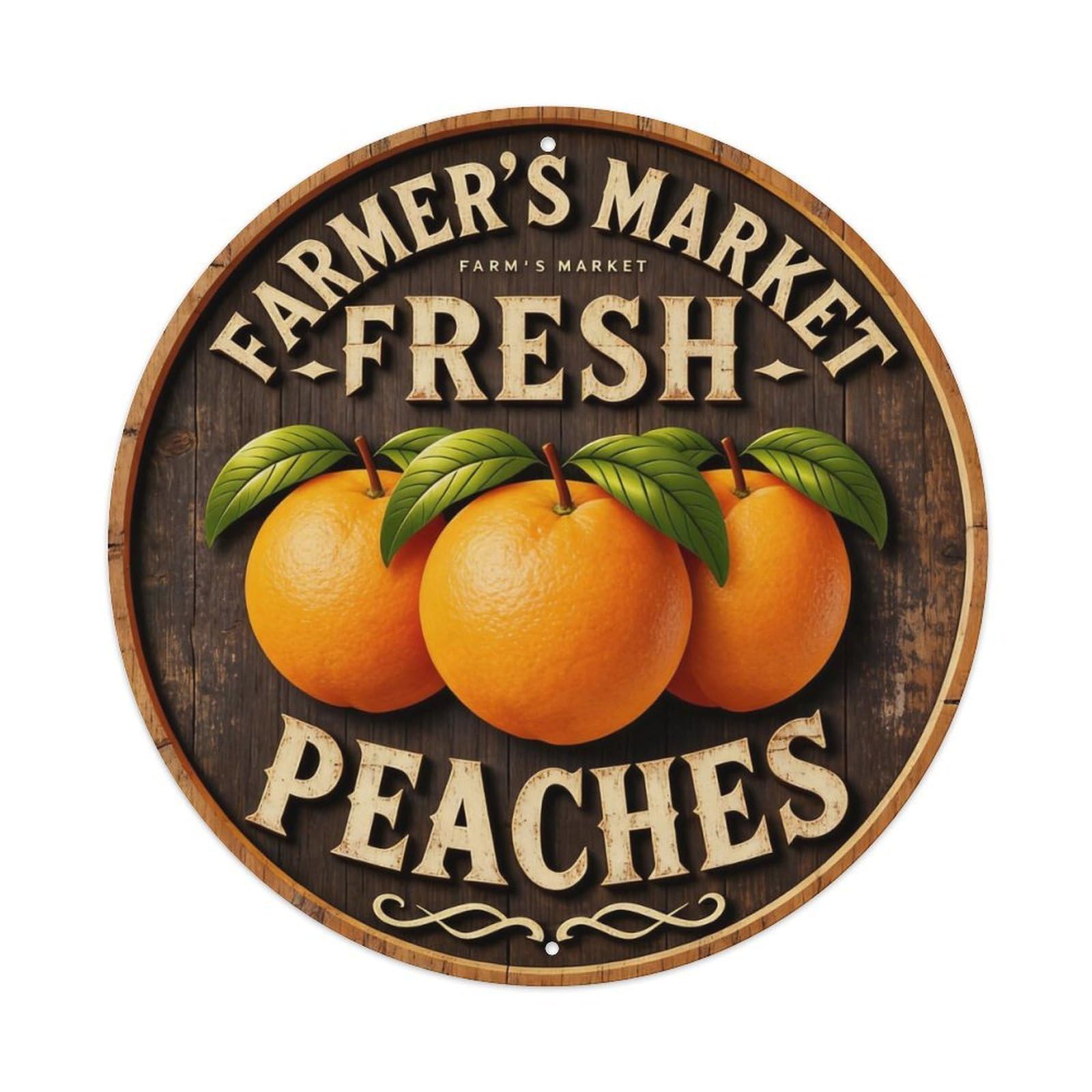 Farmer's Market Fresh Peaches Round Tin Sign Vintage Metal Poster Retro Bar, Home, Man Cave, Kitchen, Laundry Room Wall Art Decor Gift 8x8Inch