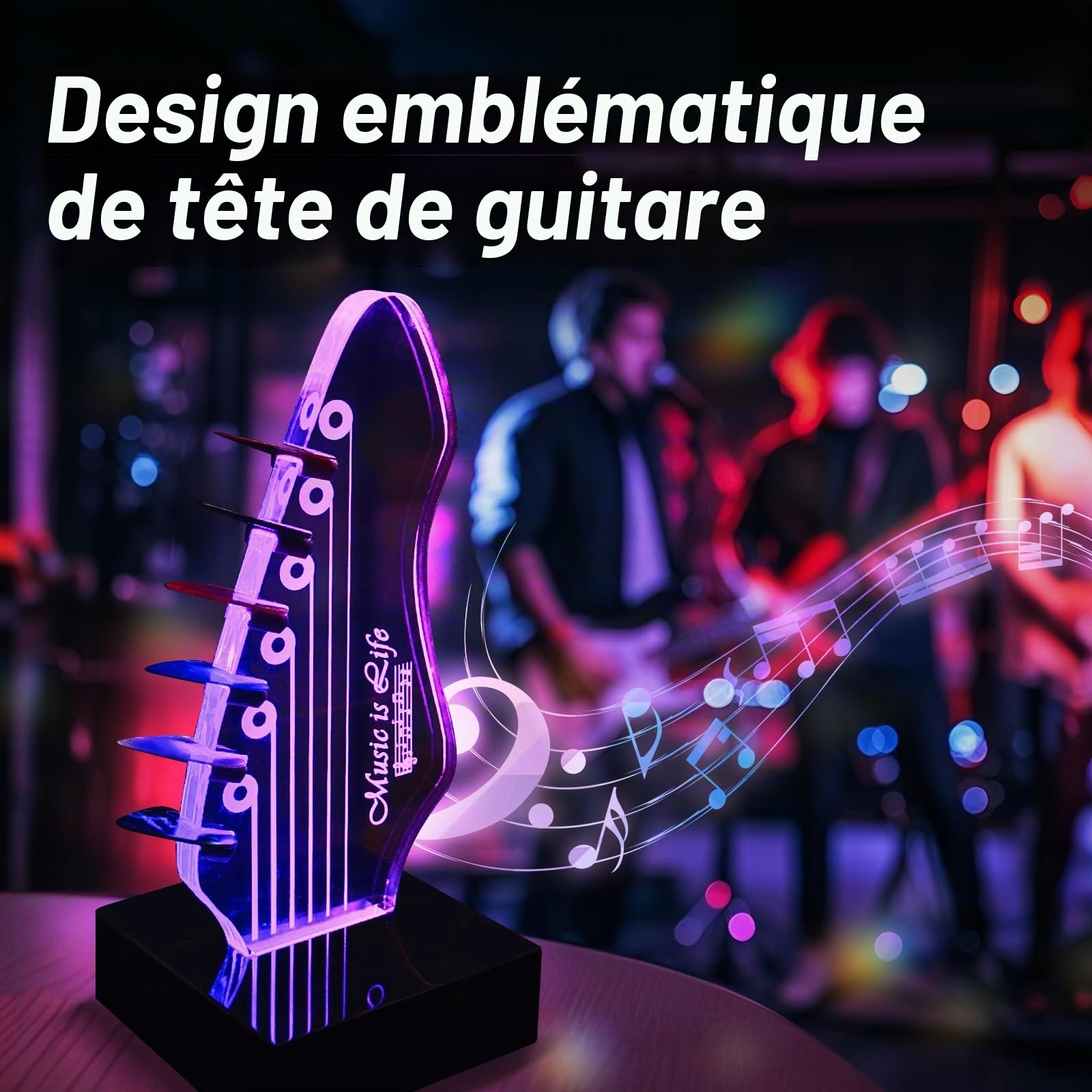 Support de médiator lumineux avec 7 couleurs changeantes, alimentation USB, affichage de rangement à DEL et veilleuse, peut contenir 6 médiators, décoration de chambre cool pour guitaristes, cadeau